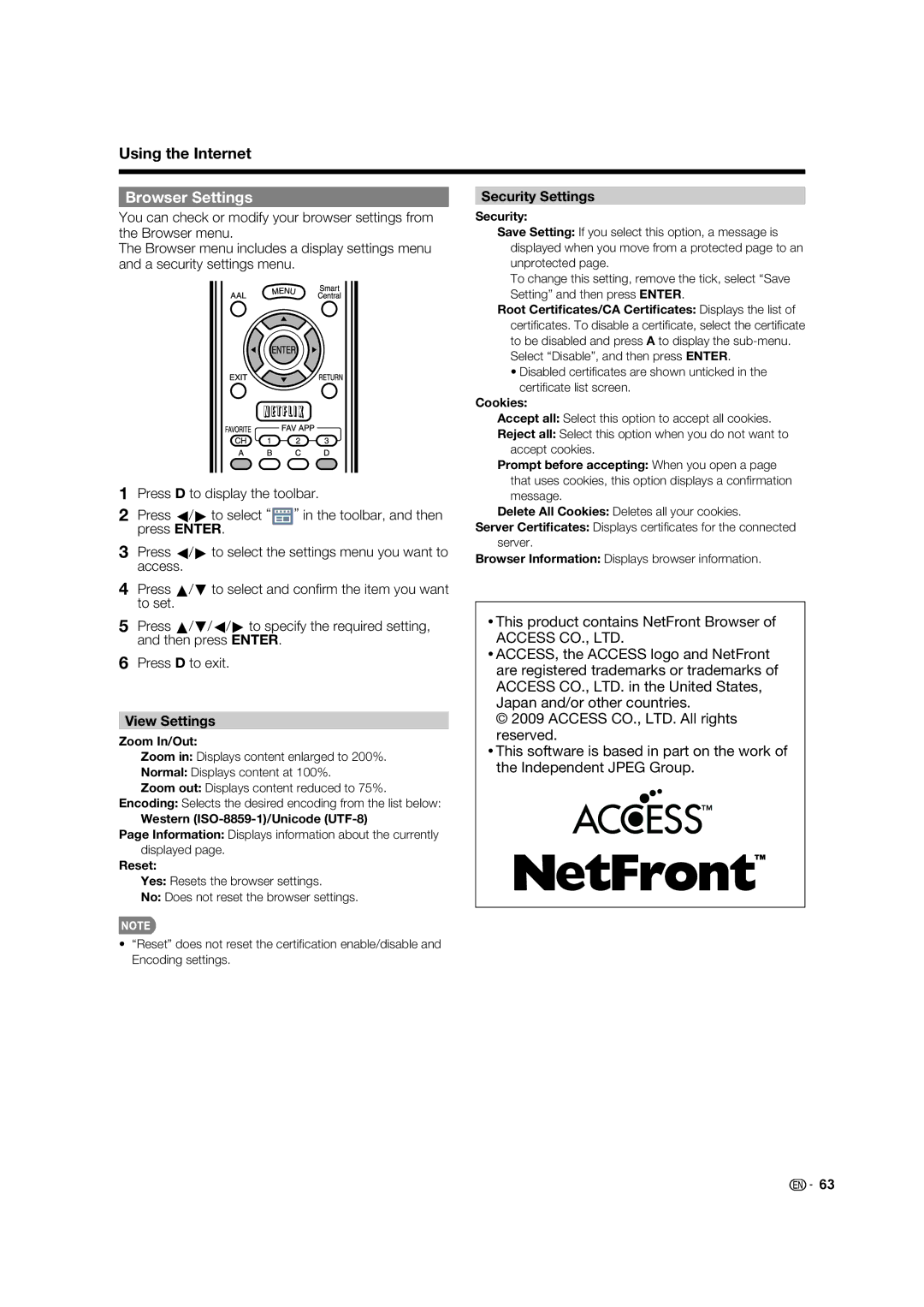 Sharp LC-70C640U, LC-52C640U, LC-60C640U, LC-80LE633U, 70LE640U, 60LE640U Browser Settings, View Settings, Security Settings 