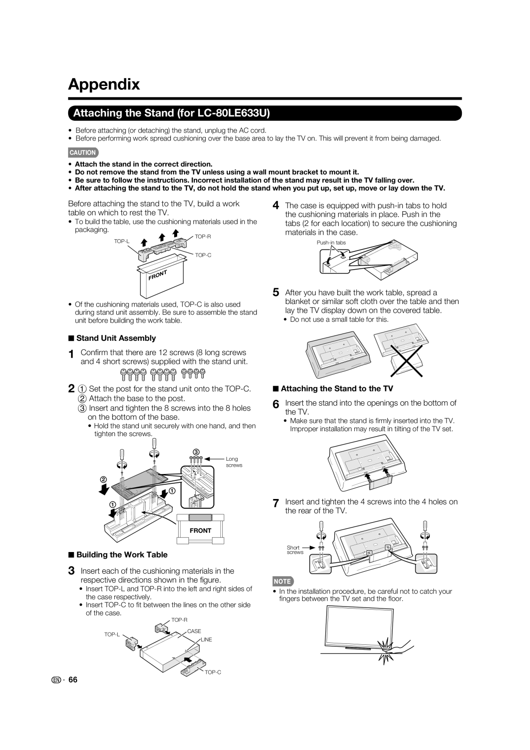 Sharp 60LE640U, 70LE640U Appendix, Attaching the Stand for LC-80LE633U, Stand Unit Assembly, Attaching the Stand to the TV 