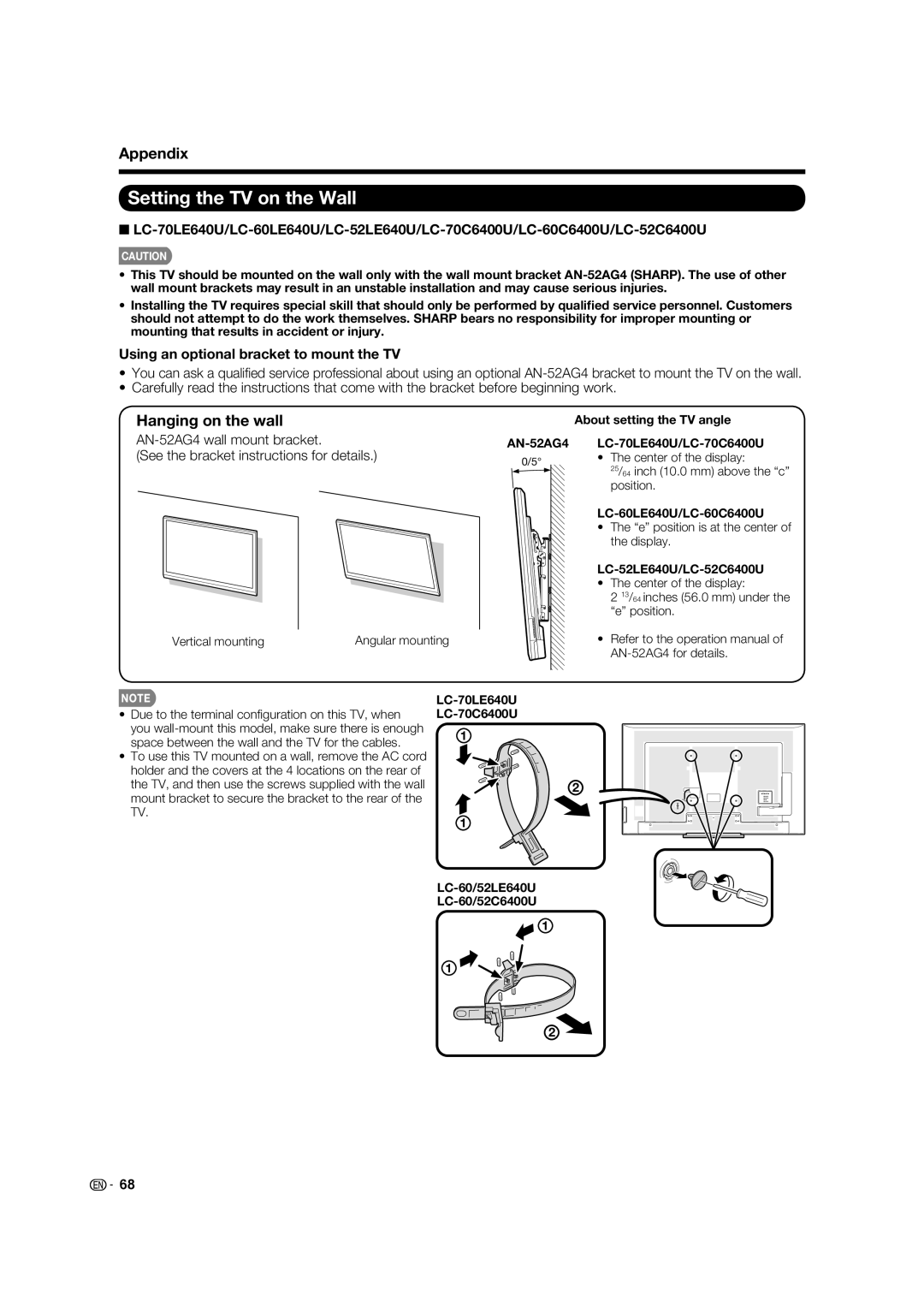 Sharp LC-52C640U, LC-60C640U Setting the TV on the Wall, Hanging on the wall, Using an optional bracket to mount the TV 