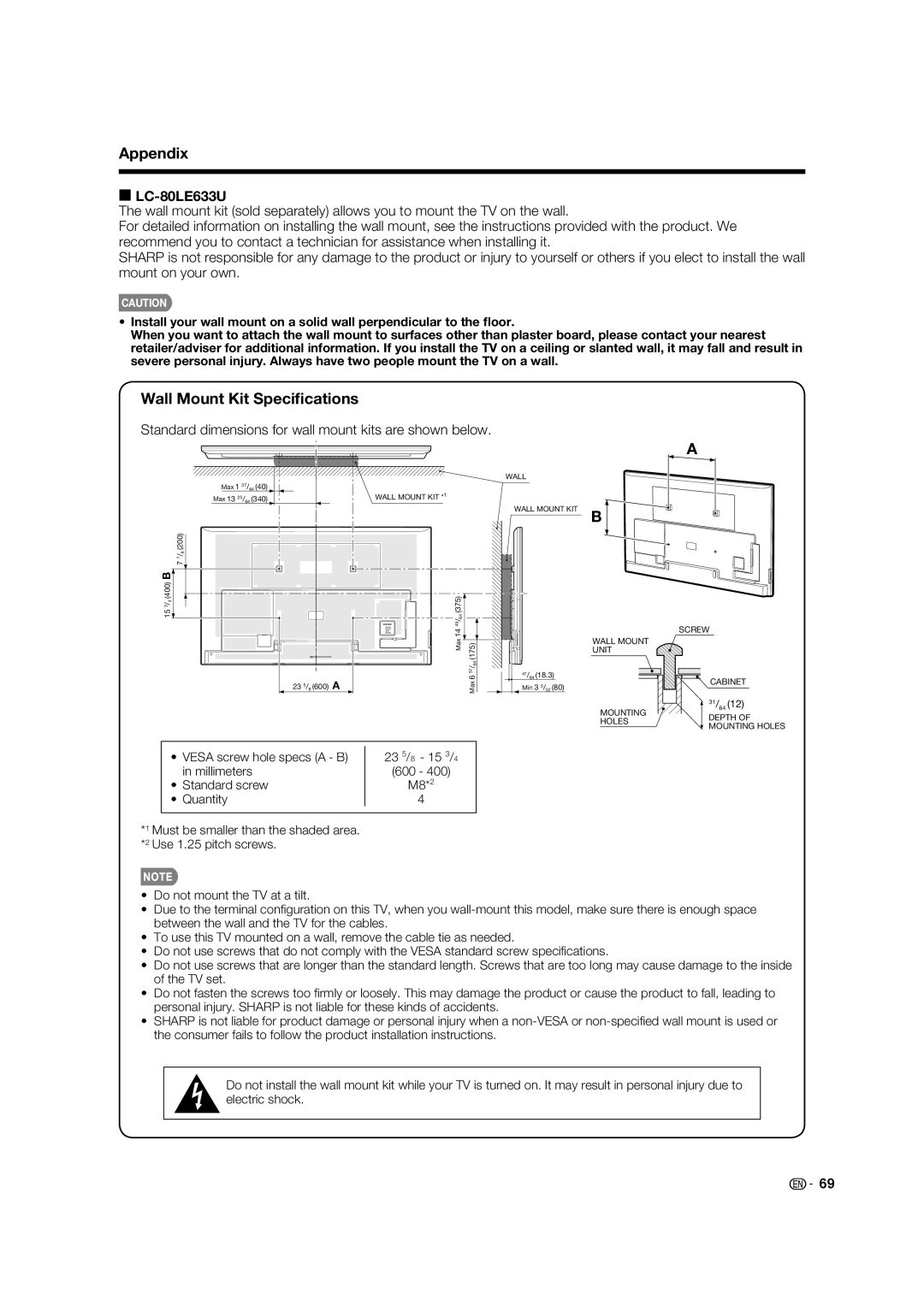 Sharp LC-60C640U, LC-52C640U, LC-70C640U Wall Mount Kit Speciﬁcations, LC-80LE633U, Standard dimensions for wall mount 