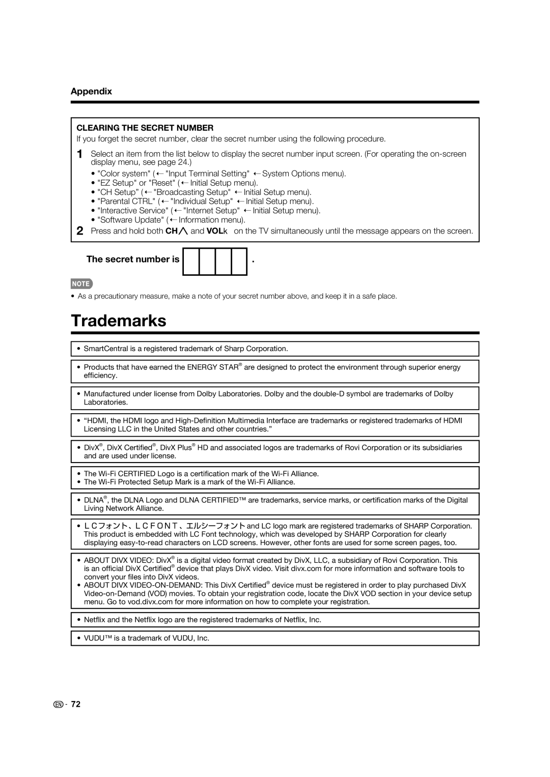 Sharp 70LE640U, LC-52C640U, LC-60C640U, LC-70C640U, LC-80LE633U, 60LE640U, 52LE640U operation manual Trademarks, Secret number is 