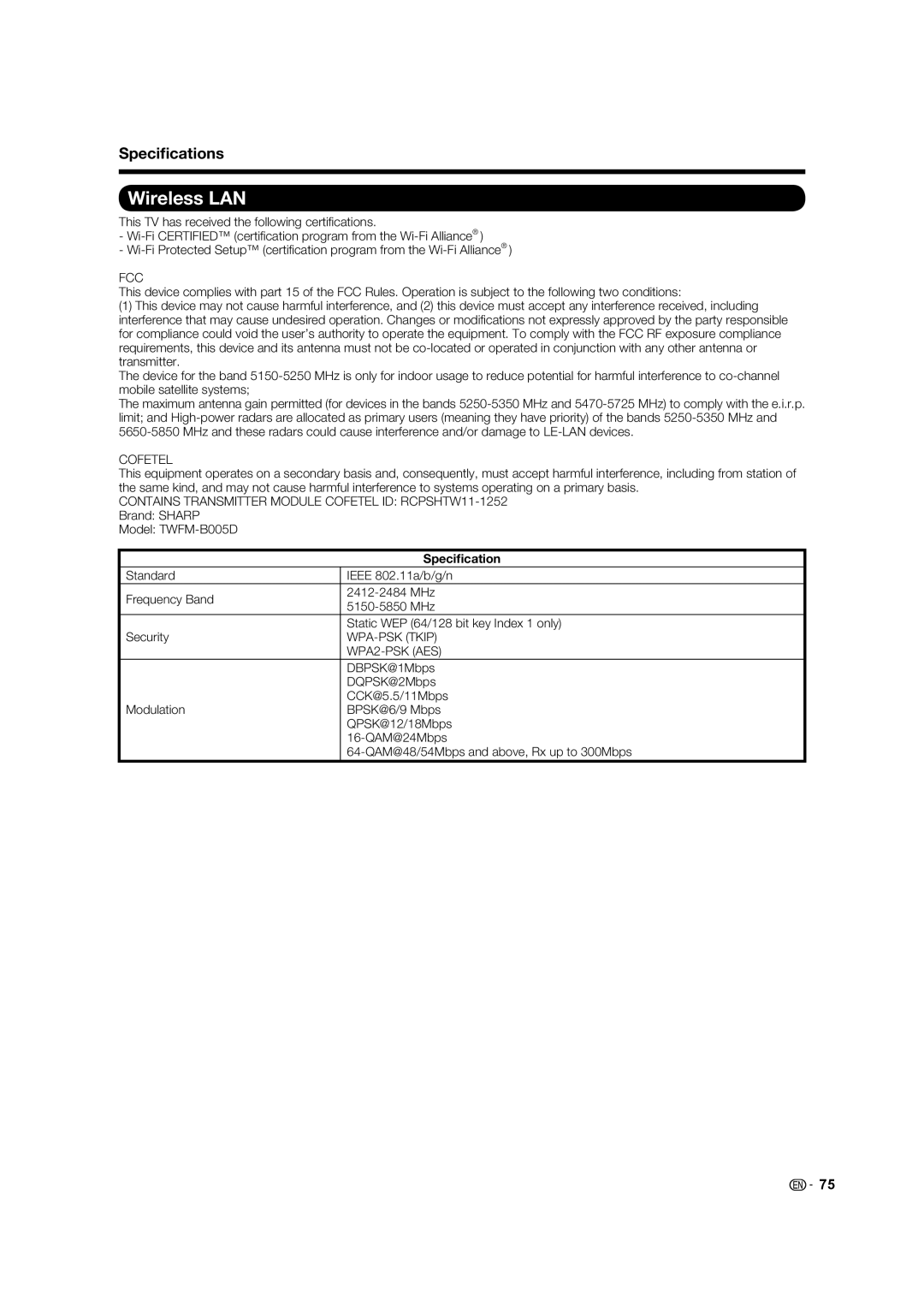 Sharp LC-52C640U, LC-60C640U, LC-70C640U, LC-80LE633U, 70LE640U, 60LE640U, 52LE640U operation manual Wireless LAN, Speciﬁcation 