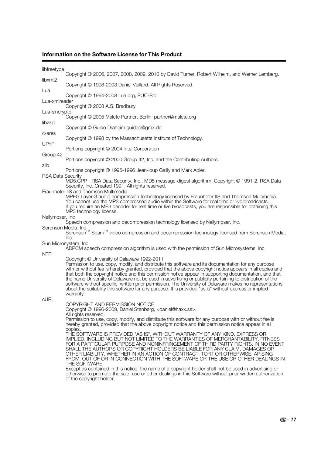 Sharp LC-70C640U, LC-52C640U, LC-60C640U, LC-80LE633U, 70LE640U Information on the Software License for This Product, Ntp 