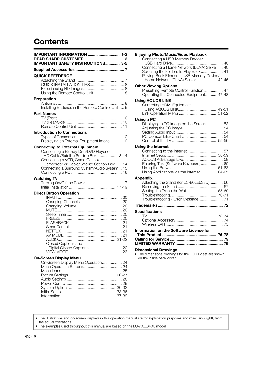 Sharp LC-60C640U, LC-52C640U, LC-70C640U, LC-80LE633U, 70LE640U, 60LE640U, 52LE640U operation manual Contents 