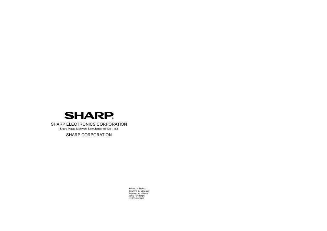 Sharp LC-60C640U, LC-52C640U, LC-70C640U, LC-80LE633U, 70LE640U, 60LE640U, 52LE640U Sharp Electronics Corporation 