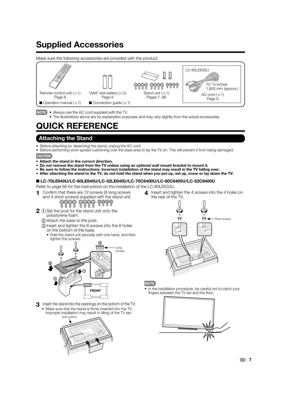 Sharp LC-70C640U, LC-52C640U, LC-60C640U, LC-80LE633U, 70LE640U, 60LE640U Supplied Accessories, Attaching the Stand, Insert 