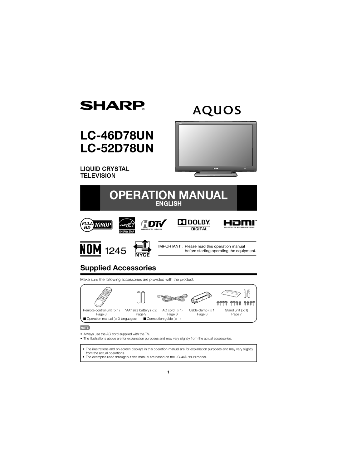 Sharp operation manual LC-46D78UN LC-52D78UN, Supplied Accessories 