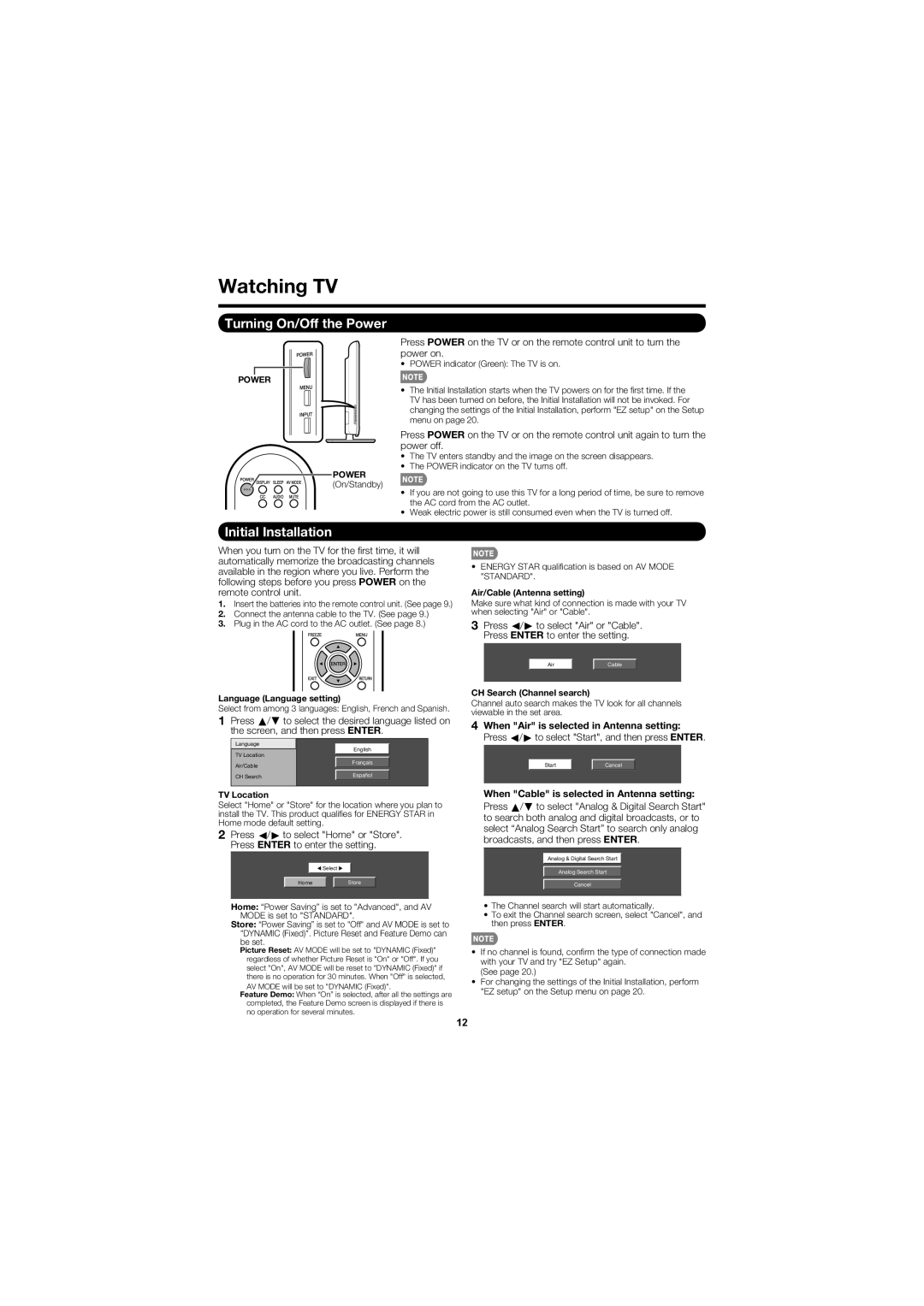 Sharp LC-52D78UN Watching TV, Turning On/Off the Power, Initial Installation, When Air is selected in Antenna setting 