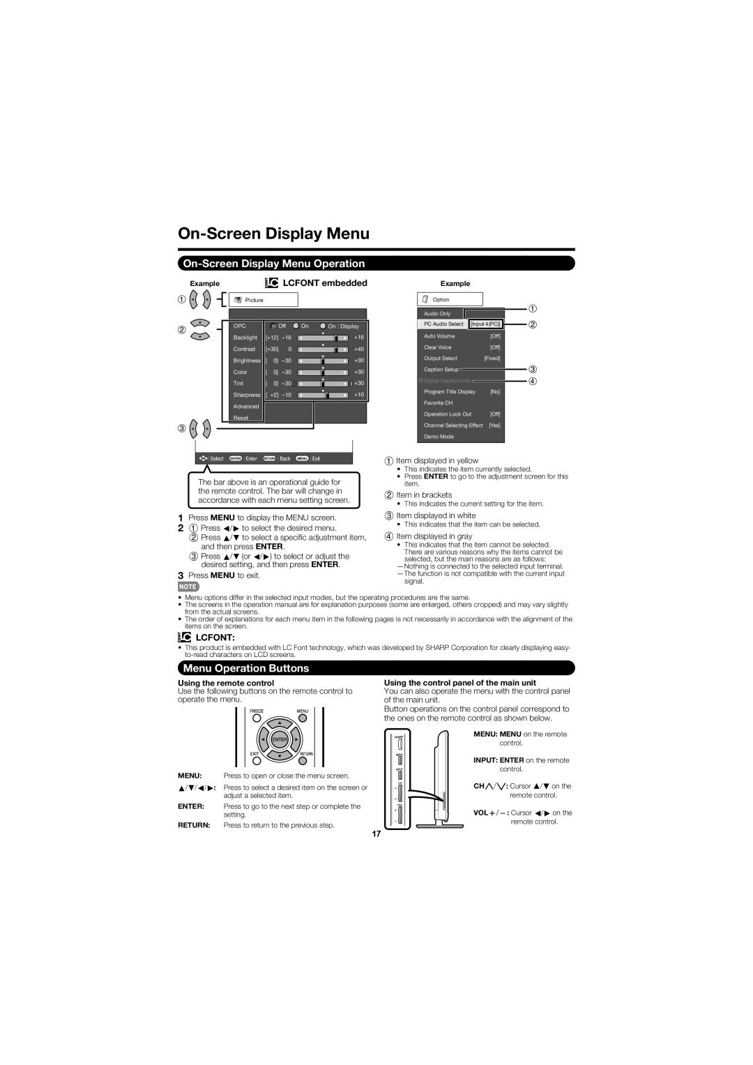 Sharp LC-46D78UN, LC-52D78UN operation manual On-Screen Display Menu Operation, Menu Operation Buttons, Lcfont 