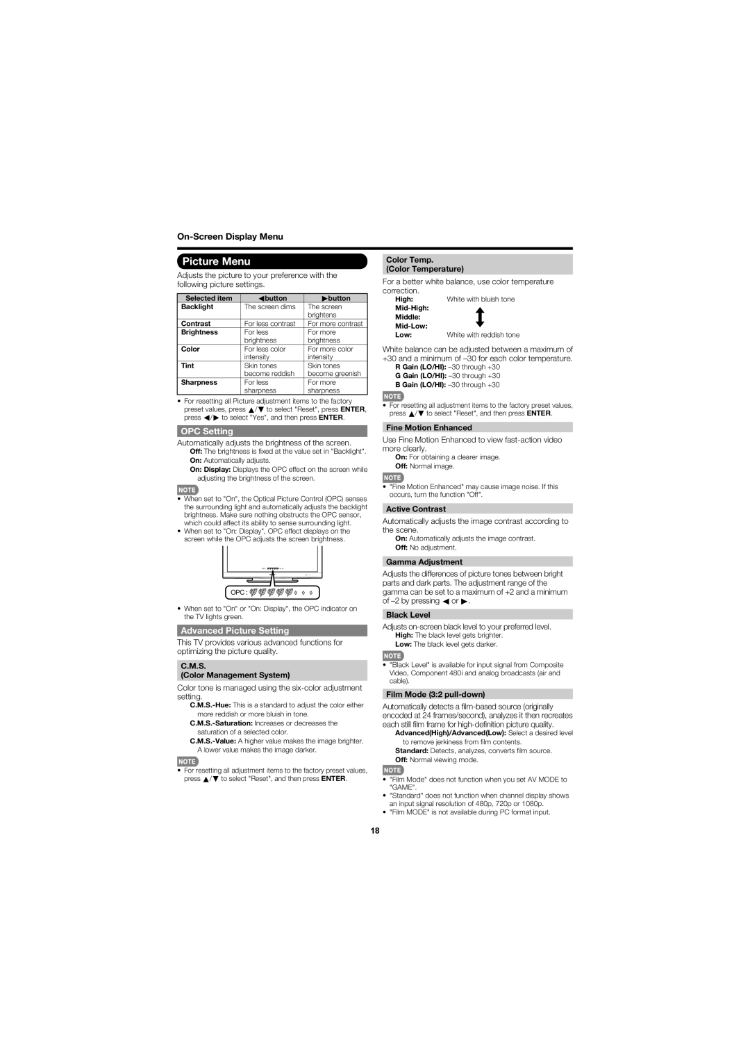 Sharp LC-52D78UN, LC-46D78UN operation manual Picture Menu, OPC Setting, Advanced Picture Setting 