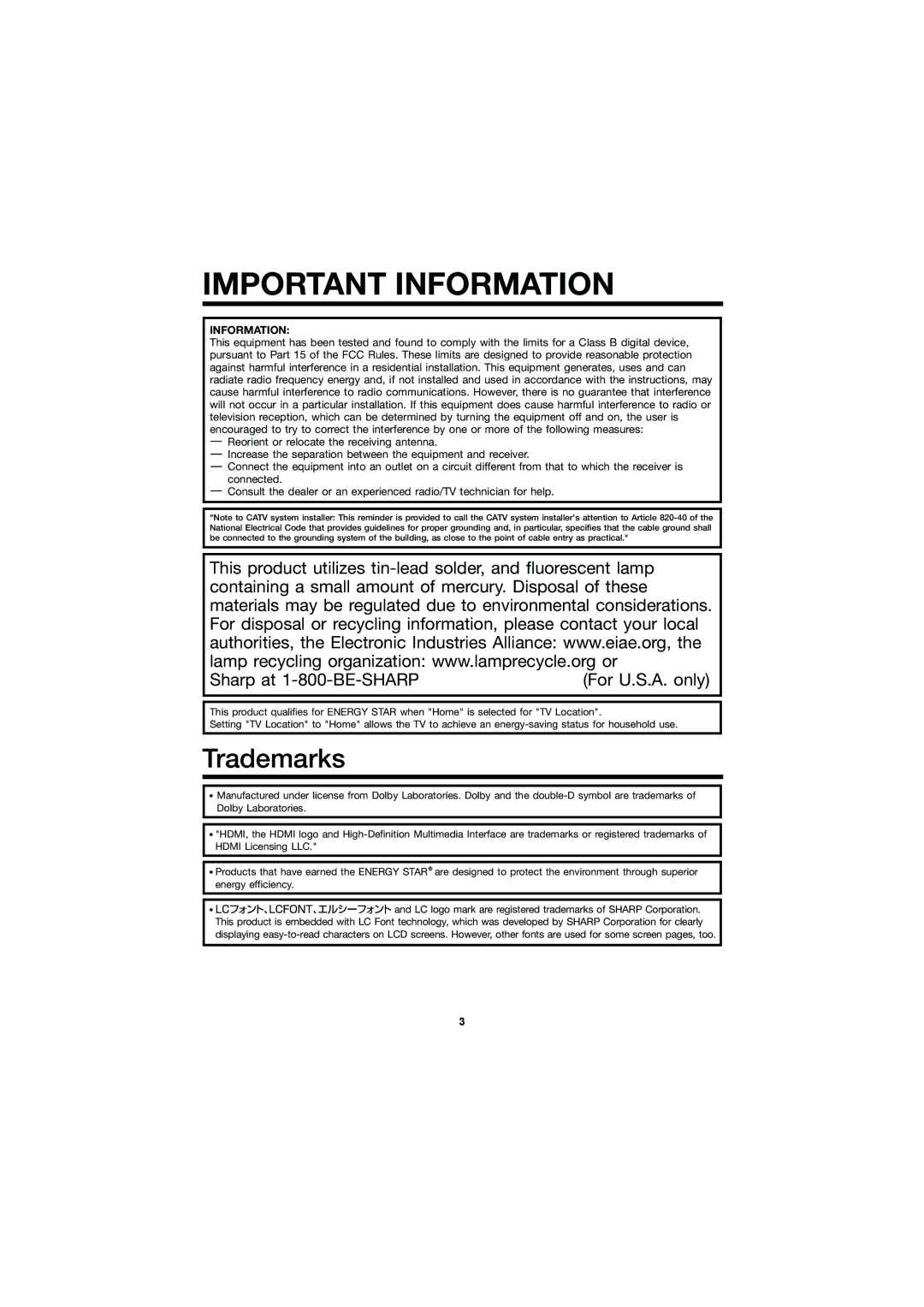 Sharp LC-46D78UN, LC-52D78UN operation manual Important Information 