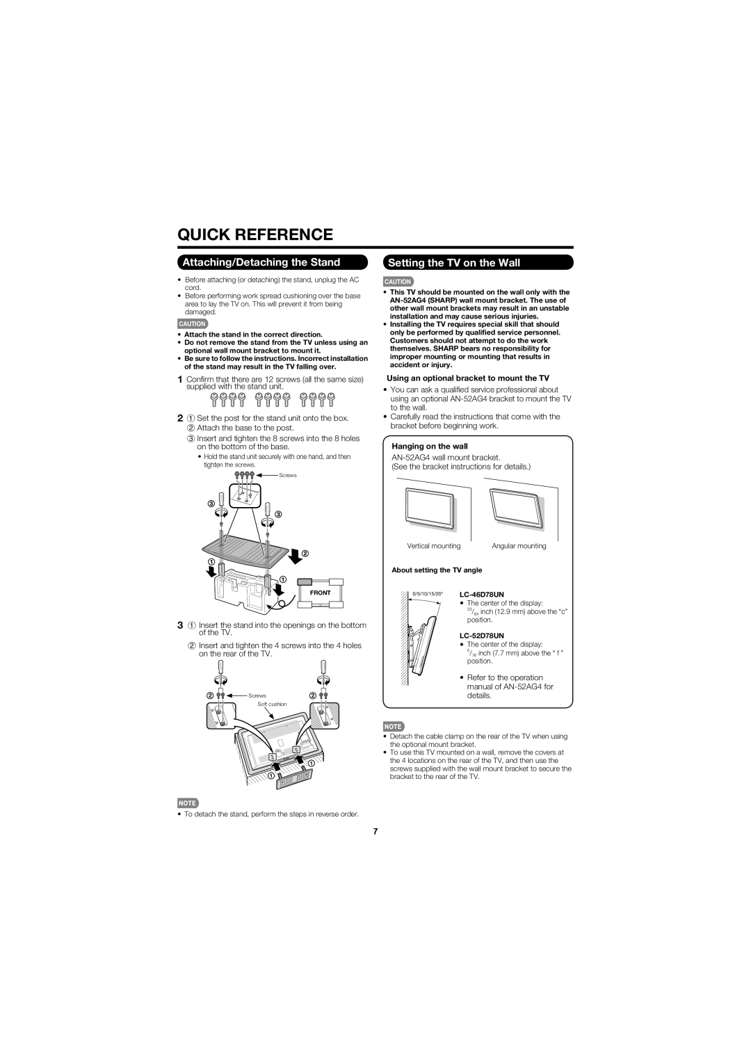 Sharp LC-46D78UN Attaching/Detaching the Stand, Setting the TV on the Wall, Using an optional bracket to mount the TV 