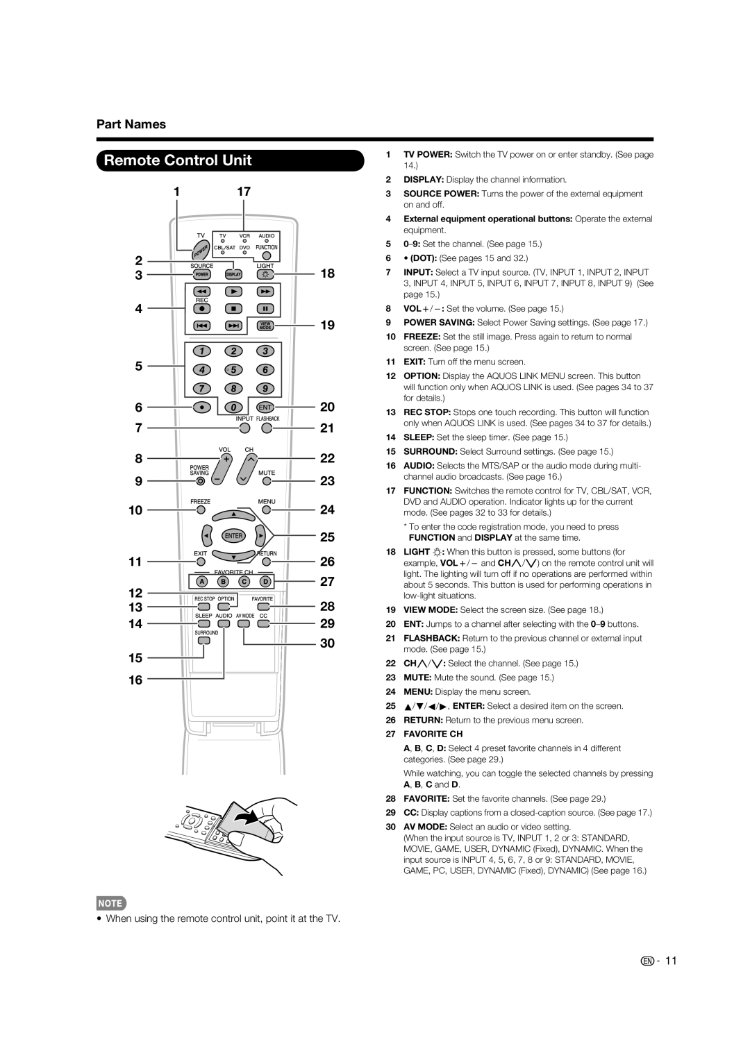 Sharp LC 46D85UN, LC 52D85UN operation manual Remote Control Unit, When using the remote control unit, point it at the TV 