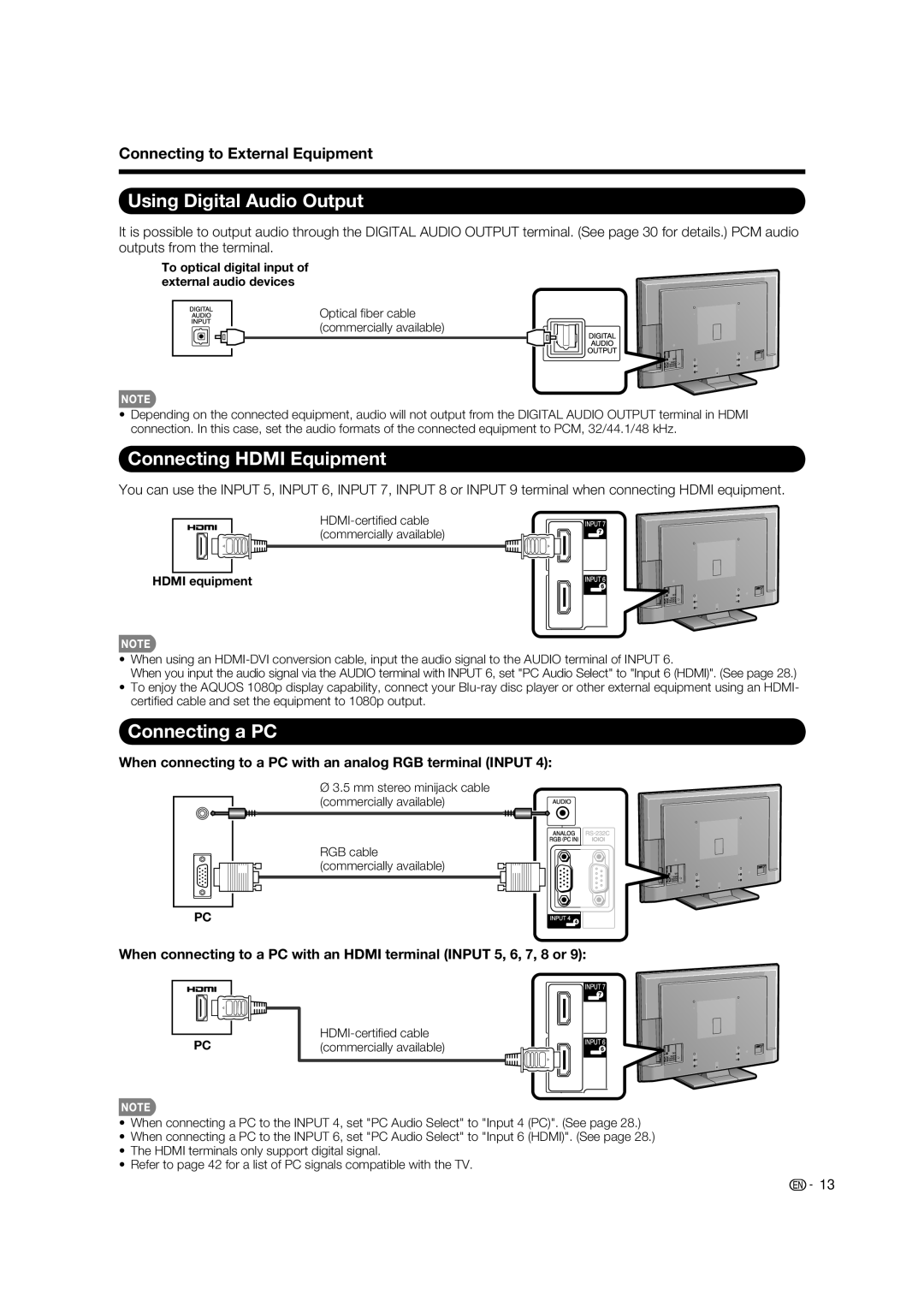 Sharp LC 46D85UN, LC 52D85UN Using Digital Audio Output, Connecting Hdmi Equipment, Connecting a PC, Hdmi equipment 