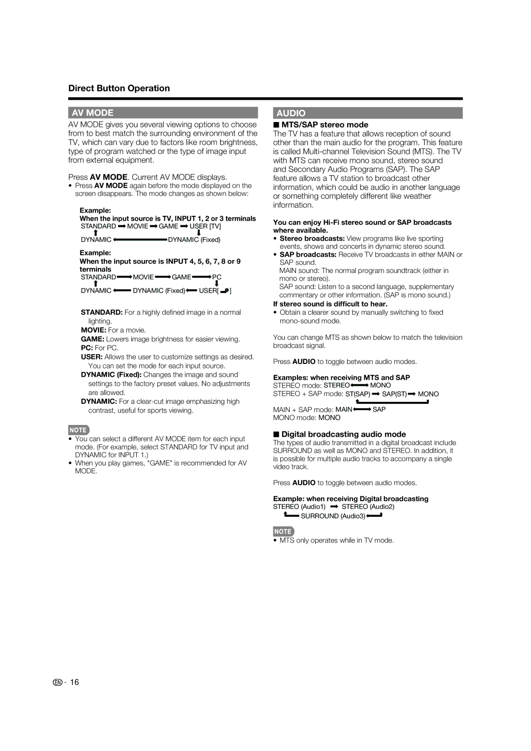 Sharp LC 52D85UN, LC 46D85UN operation manual MTS/SAP stereo mode, Digital broadcasting audio mode 