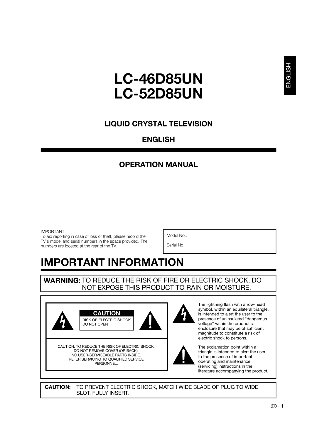 Sharp LC 46D85UN, LC 52D85UN operation manual LC-46D85UN LC-52D85UN, Model No Serial No 