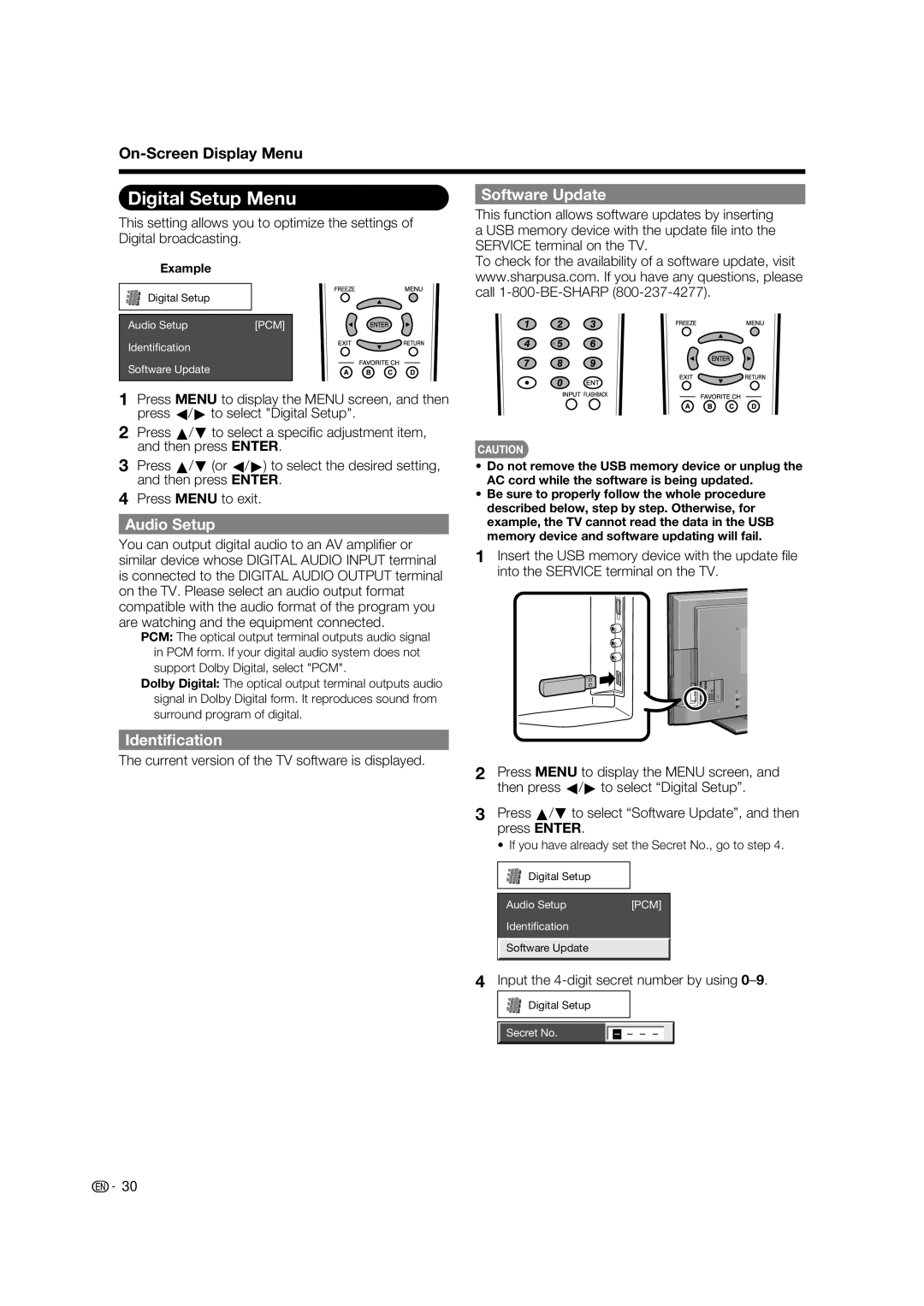 Sharp LC 52D85UN, LC 46D85UN operation manual Digital Setup Menu, Audio Setup, Identiﬁcation, Software Update 