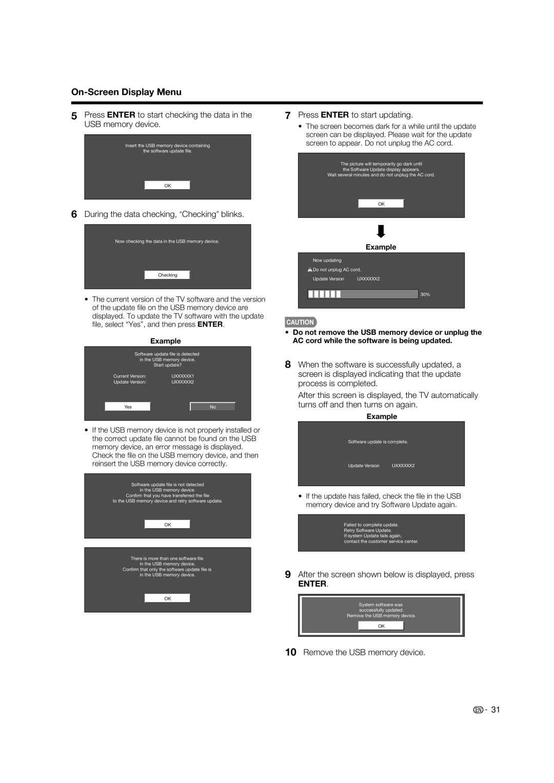 Sharp LC 46D85UN During the data checking, Checking blinks, Press Enter to start updating, Remove the USB memory device 