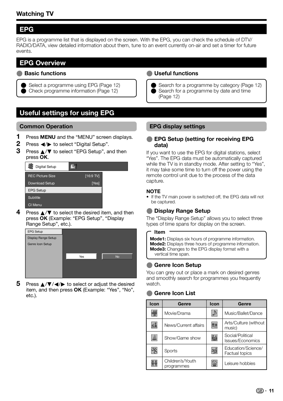 Sharp LC-46DH77E, LC-52DH77E, LC-52DH77S, LC-42DH77S, LC-42DH77E EPG Overview, Useful settings for using EPG, Watching TV 