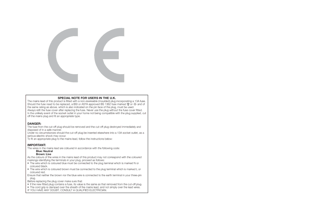 Sharp LC-42DH77S, LC-52DH77E, LC-52DH77S, LC-42DH77E, LC-46DH77S Special Note for Users in the U.K, Blue Neutral Brown Live 