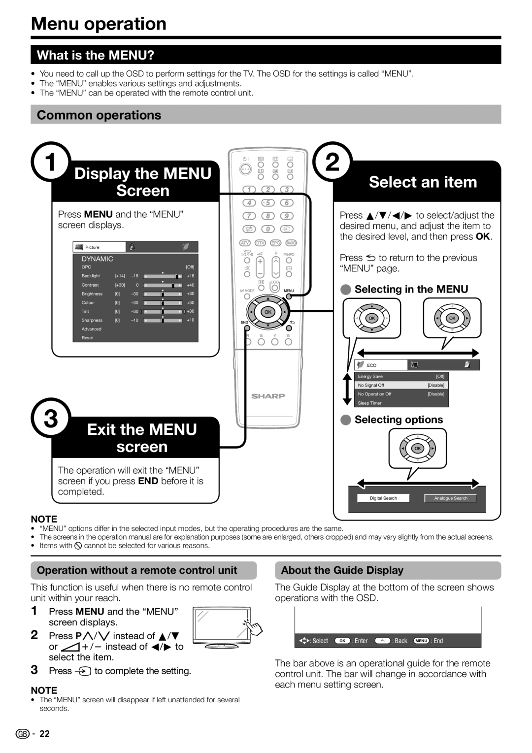 Sharp LC-52DH77E, LC-52DH77S, LC-42DH77S, LC-42DH77E, LC-46DH77S Menu operation, What is the MENU?, Common operations 