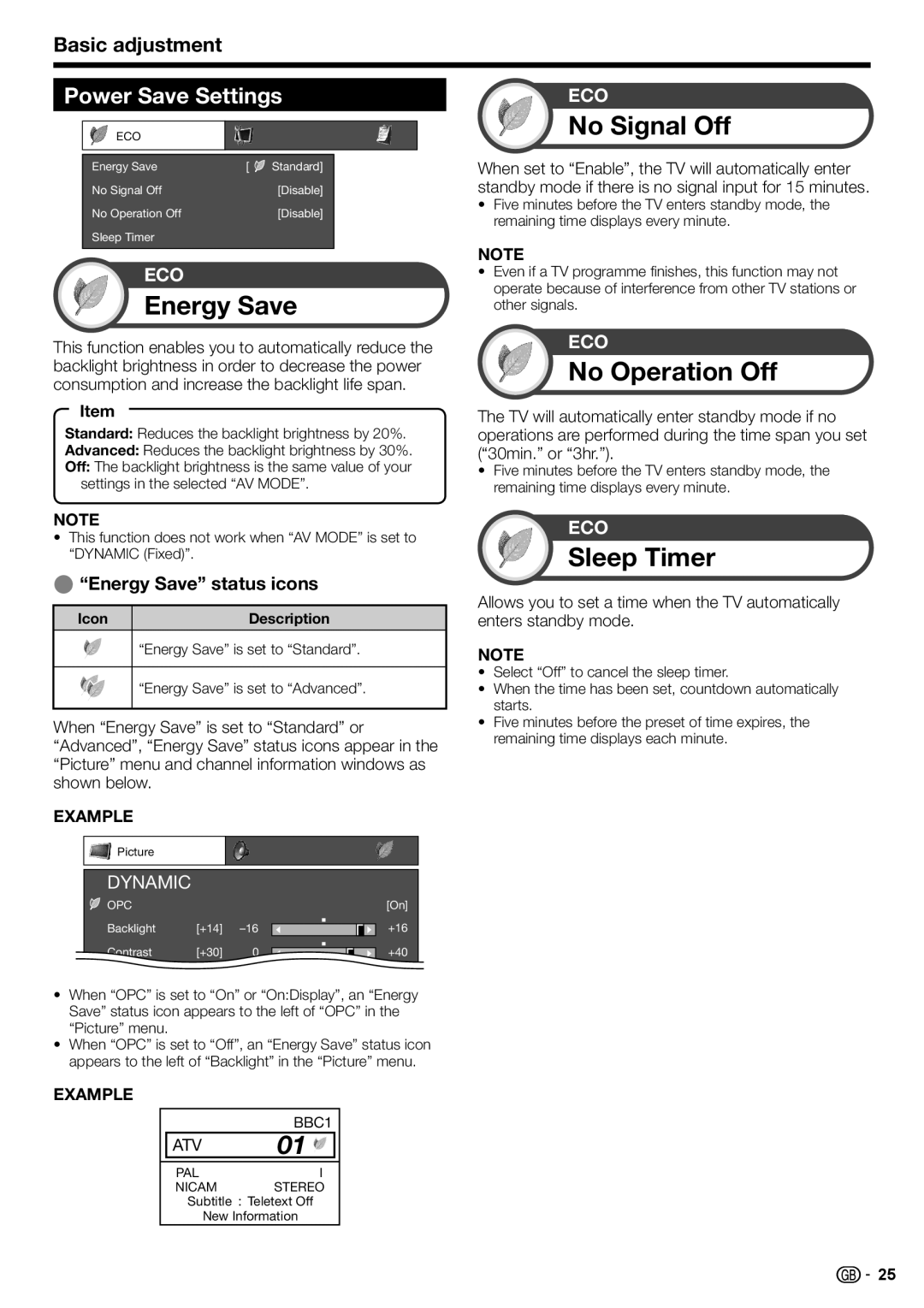 Sharp LC-42DH77E, LC-52DH77E, LC-52DH77S Energy Save, No Signal Off, No Operation Off, Sleep Timer, Power Save Settings 