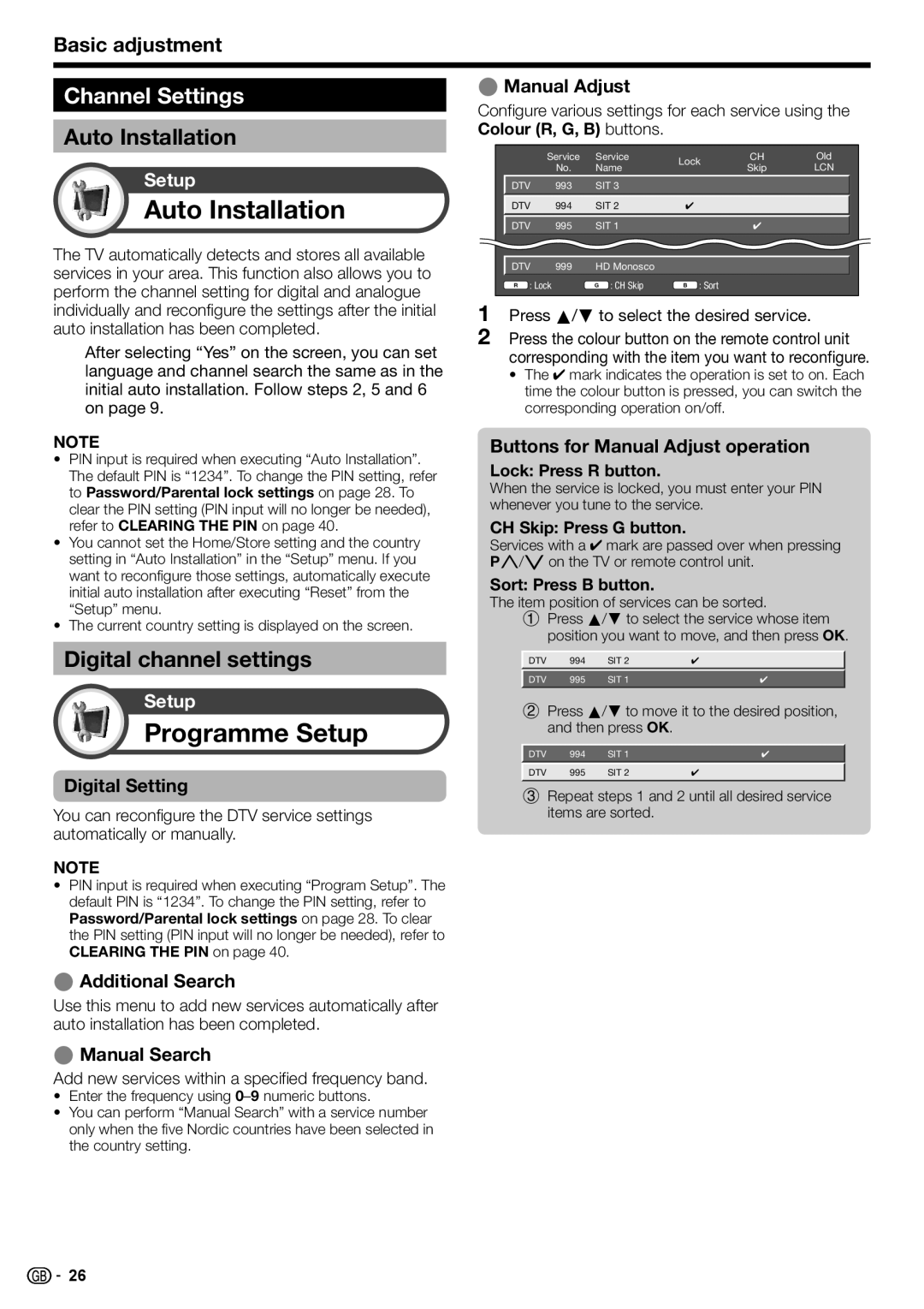 Sharp LC-46DH77S, LC-52DH77E, LC-52DH77S Auto Installation, Programme Setup, Channel Settings, Digital channel settings 