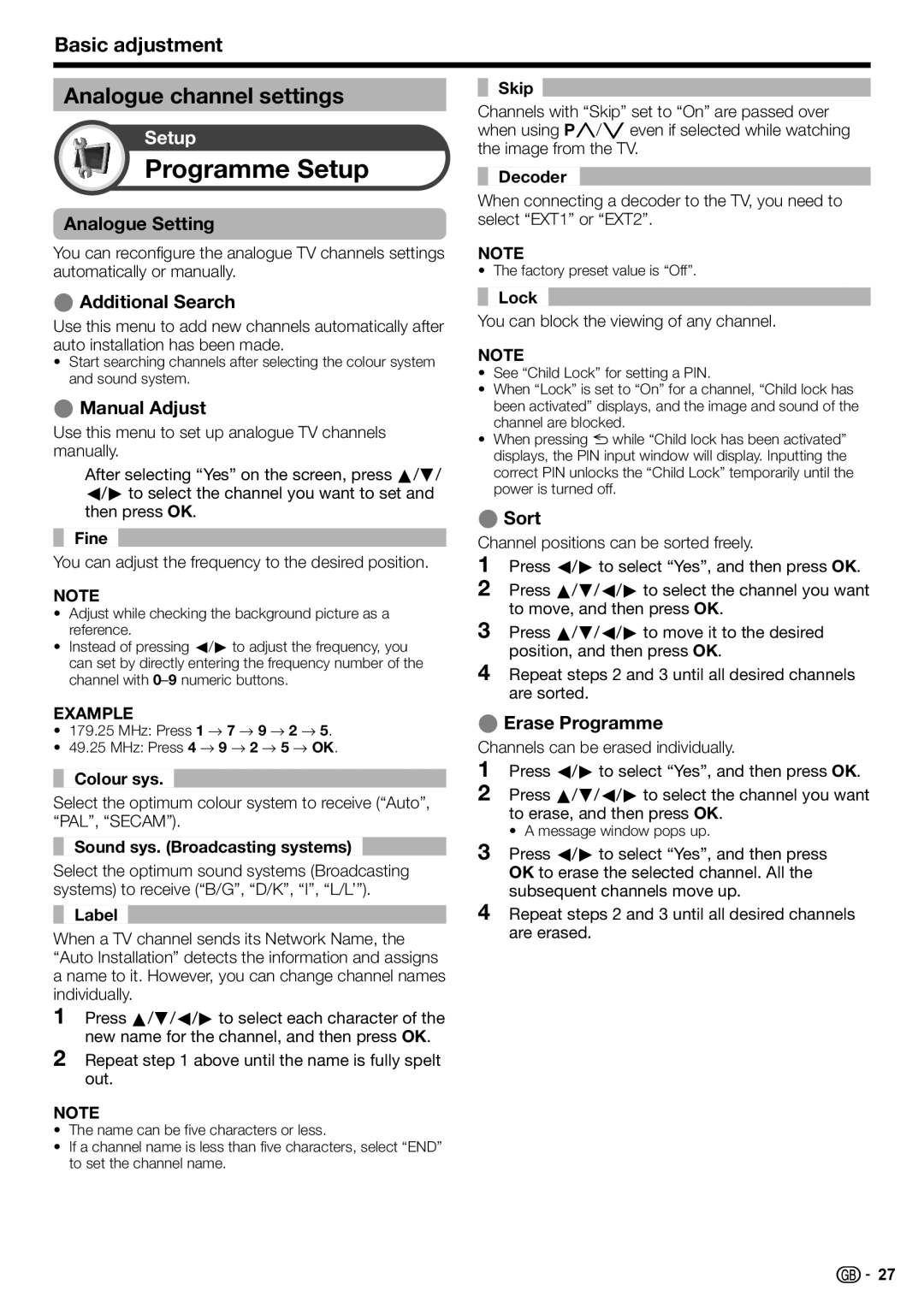 Sharp LC-46DH77E, LC-52DH77E, LC-52DH77S, LC-42DH77S Analogue channel settings, Analogue Setting, Sort, Erase Programme 