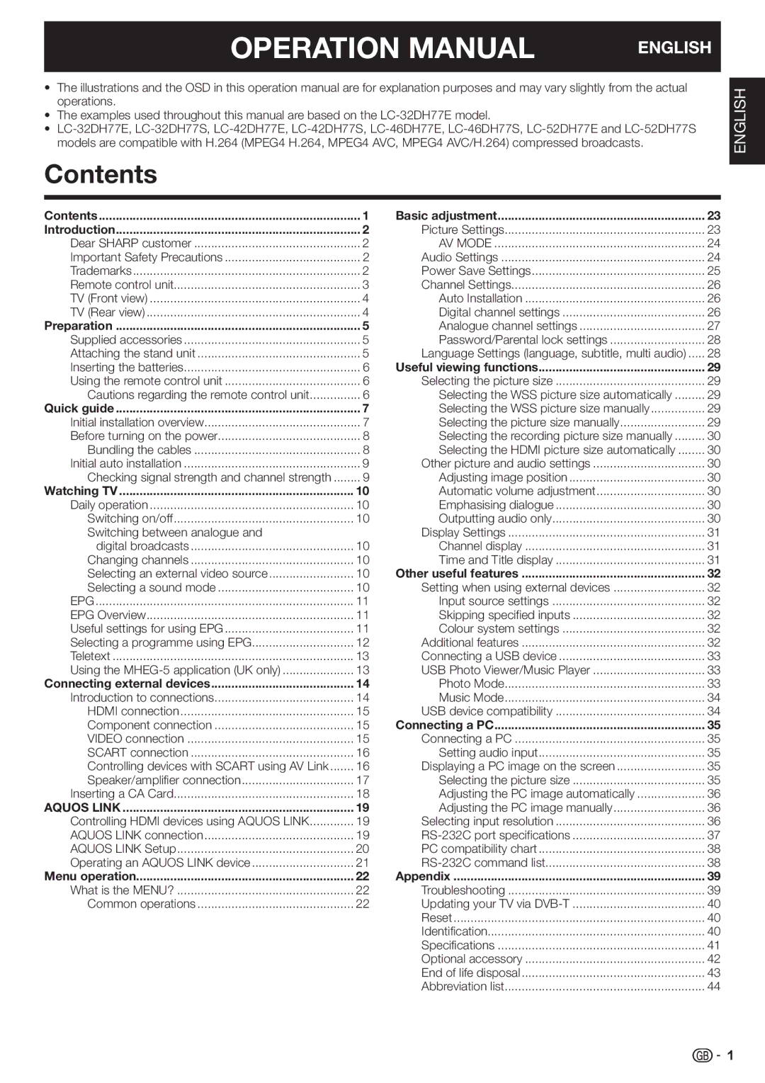 Sharp LC-42DH77E, LC-52DH77E, LC-52DH77S, LC-42DH77S, LC-46DH77S, LC-46DH77E, LC-32DH77E, LC-32DH77S operation manual Contents 