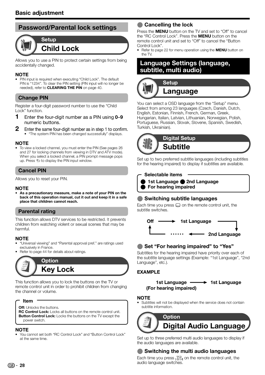 Sharp LC-32DH77E, LC-52DH77E, LC-52DH77S, LC-42DH77S, LC-42DH77E Child Lock, Key Lock, Subtitle, Digital Audio Language 