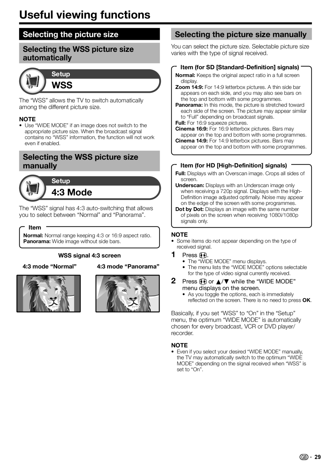 Sharp LC-32DH77S, LC-52DH77E, LC-52DH77S, LC-42DH77S, LC-42DH77E Useful viewing functions, Mode, Selecting the picture size 