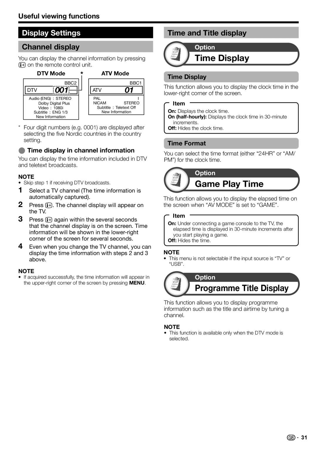 Sharp LC-52DH77S, LC-52DH77E, LC-42DH77S, LC-42DH77E Time Display, Game Play Time, Programme Title Display, Display Settings 