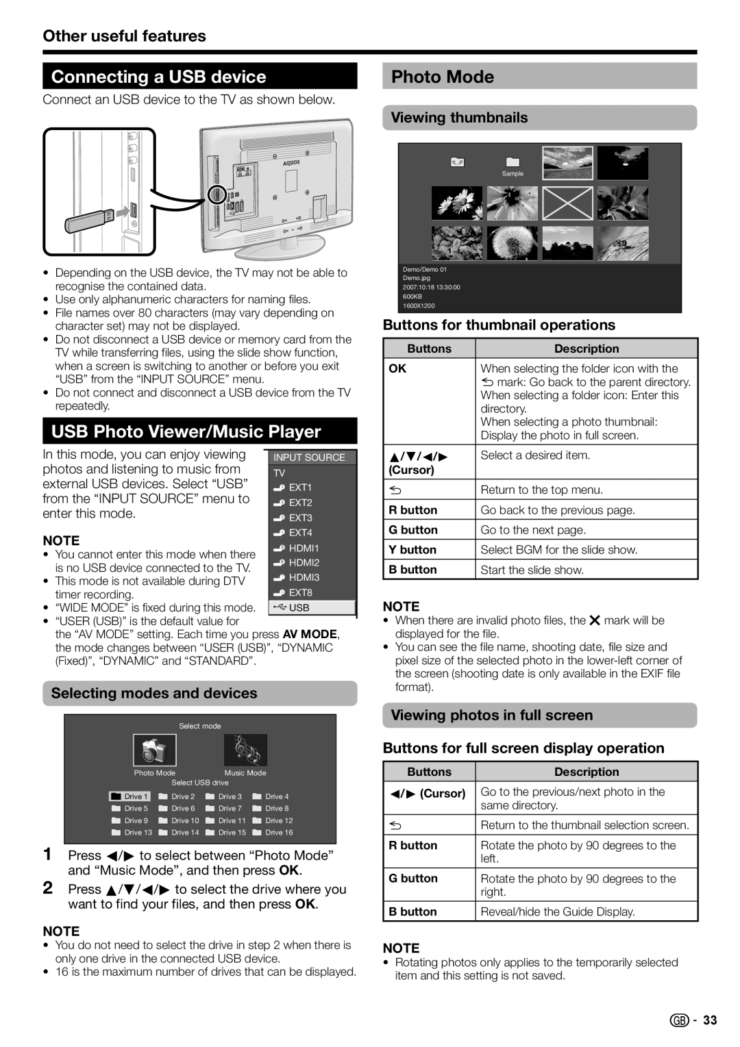 Sharp LC-42DH77E, LC-52DH77E Connecting a USB device, USB Photo Viewer/Music Player, Photo Mode, Other useful features 