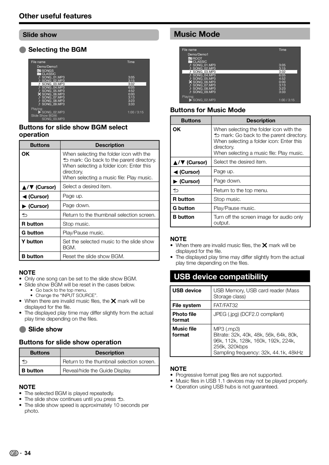 Sharp LC-46DH77S, LC-52DH77E, LC-52DH77S, LC-42DH77S Music Mode, USB device compatibility, Slide show Selecting the BGM 