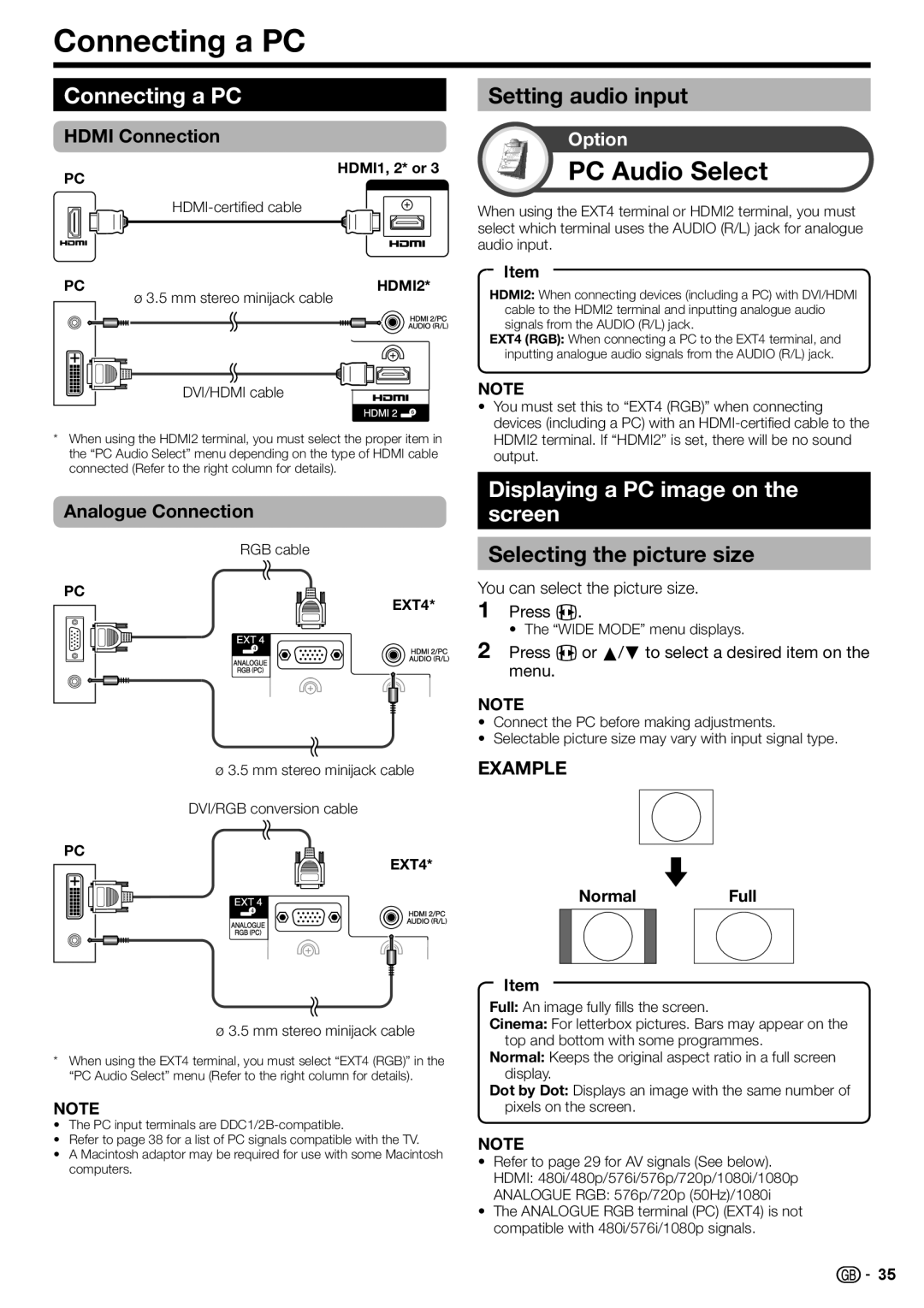 Sharp LC-46DH77E, LC-52DH77E, LC-52DH77S, LC-42DH77S Connecting a PC, PC Audio Select, Displaying a PC image on the screen 