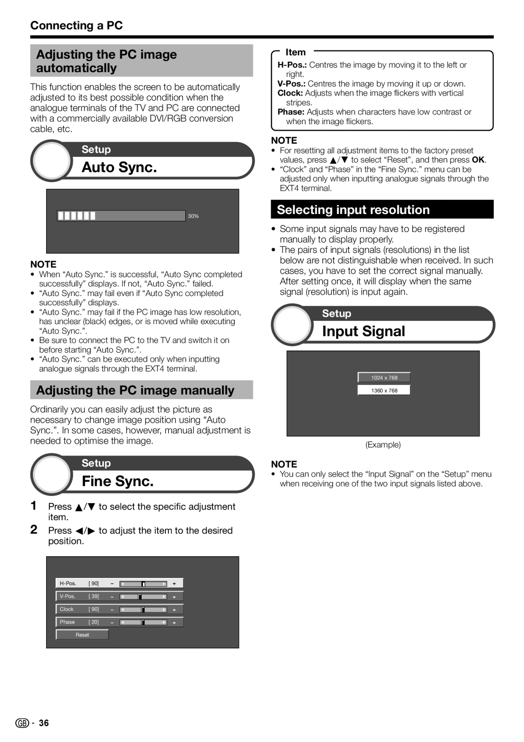 Sharp LC-32DH77E, LC-52DH77E, LC-52DH77S, LC-42DH77S Auto Sync, Fine Sync, Input Signal, Selecting input resolution 