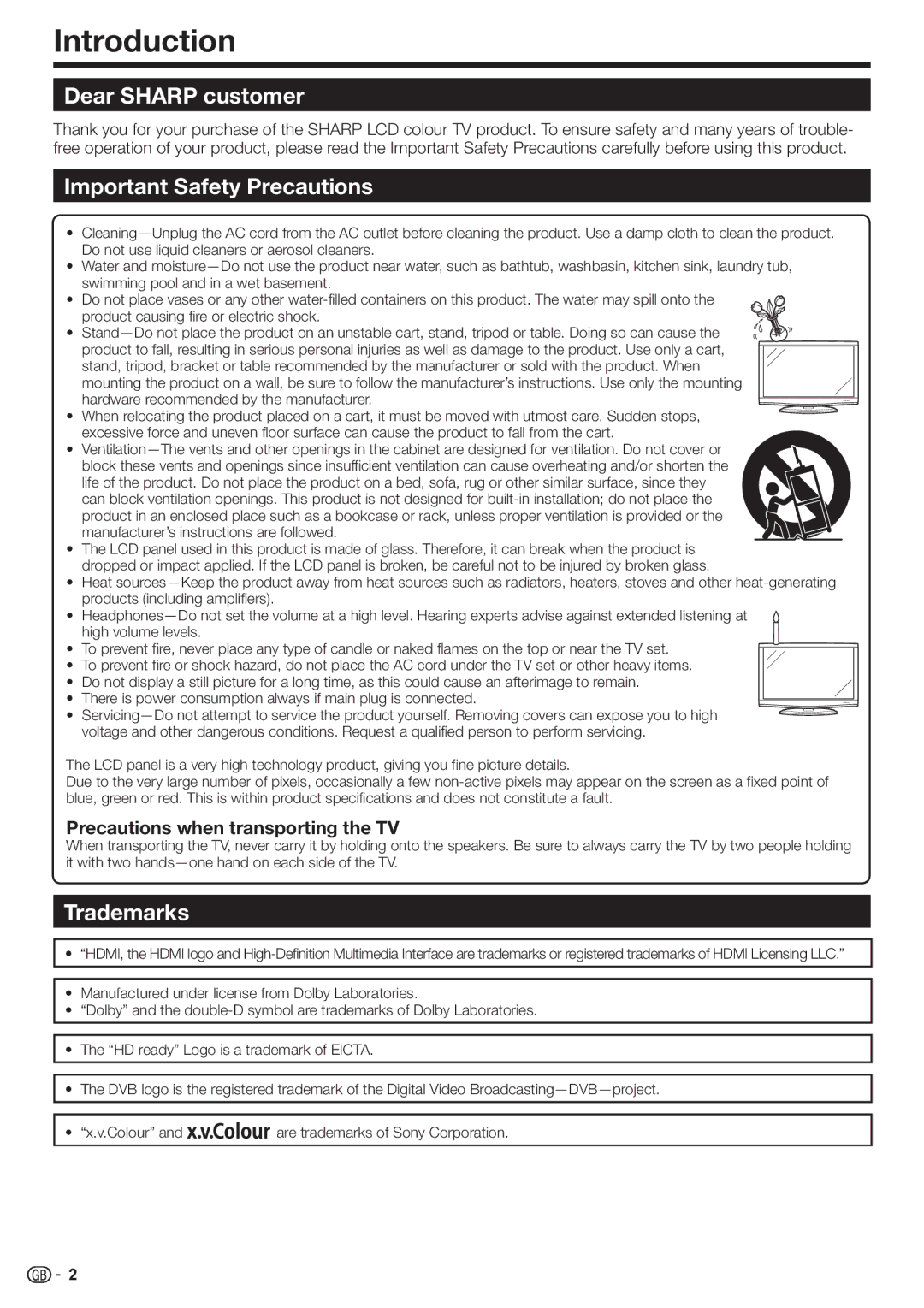 Sharp LC-46DH77S, LC-52DH77E, LC-52DH77S Introduction, Dear Sharp customer, Important Safety Precautions, Trademarks 