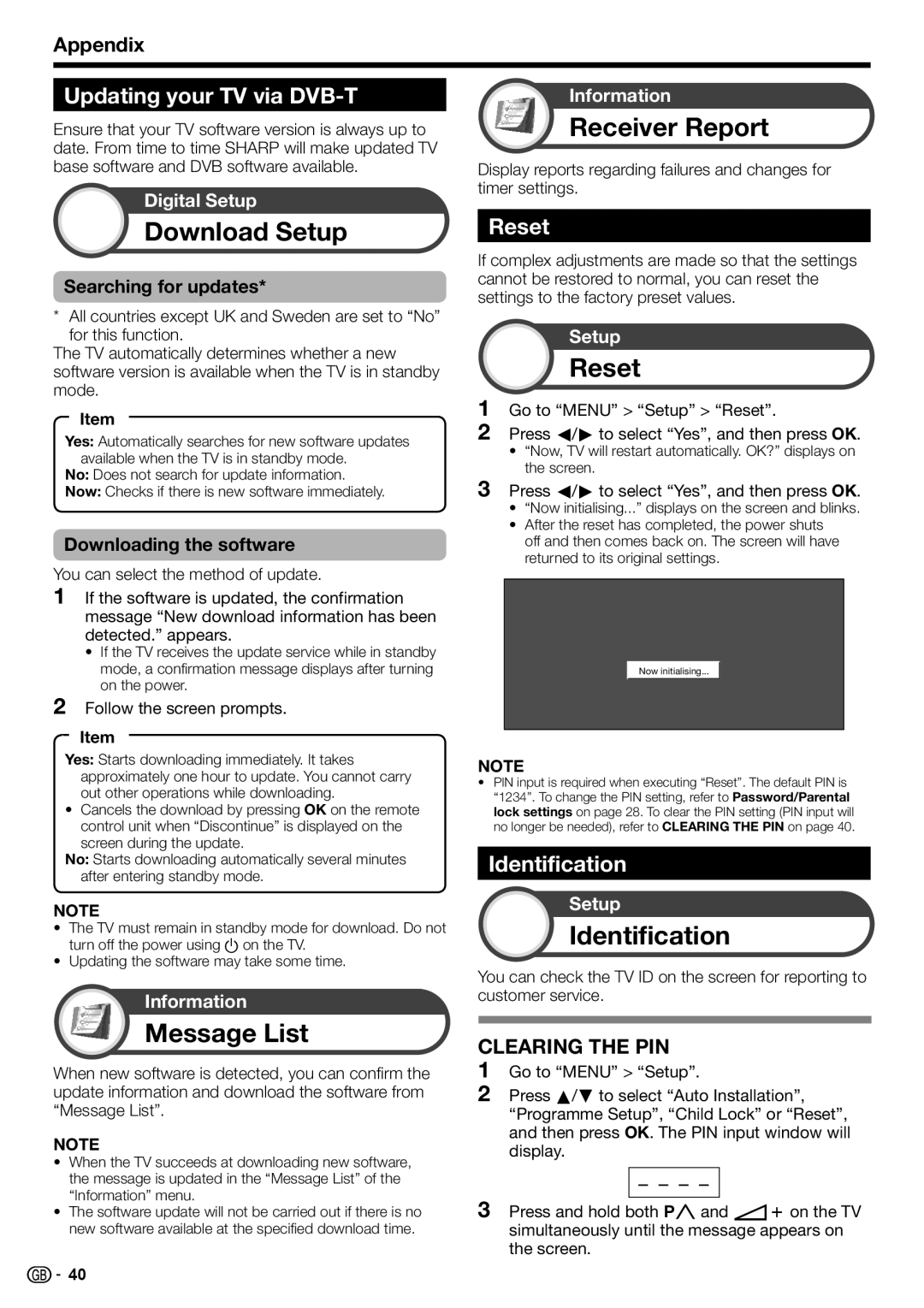 Sharp LC-42DH77S, LC-52DH77E, LC-52DH77S, LC-42DH77E Download Setup, Message List, Receiver Report, Reset, Identification 