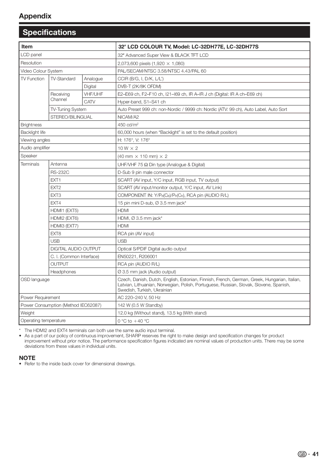 Sharp LC-42DH77E, LC-52DH77E, LC-52DH77S, LC-42DH77S Specifications, 32o LCD Colour TV, Model LC-32DH77E, LC-32DH77S 