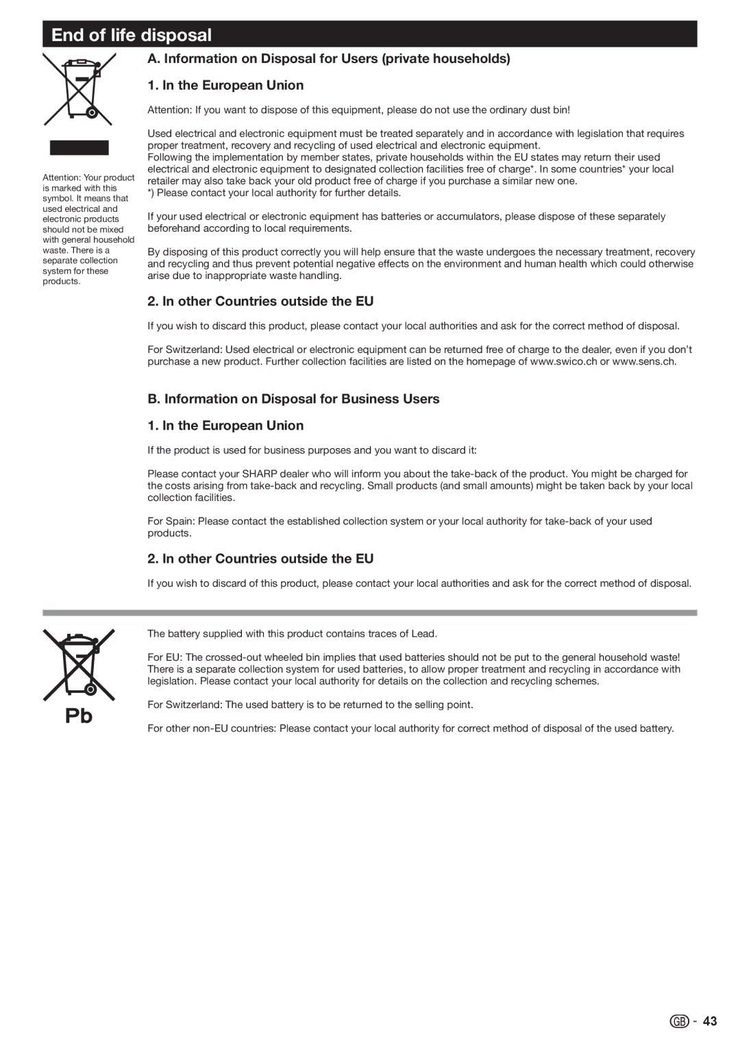 Sharp LC-46DH77E, LC-52DH77E, LC-52DH77S, LC-42DH77S, LC-42DH77E End of life disposal, Other Countries outside the EU 