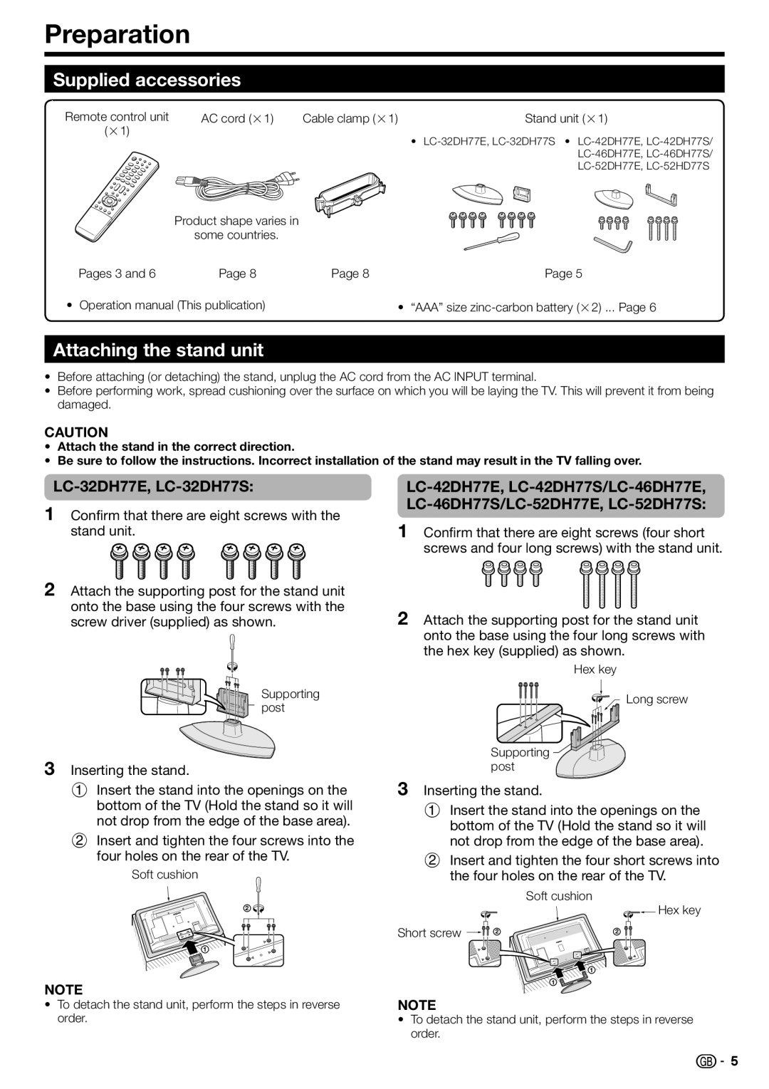 Sharp Preparation, Supplied accessories, Attaching the stand unit, LC-32DH77E, LC-32DH77S, Inserting the stand 