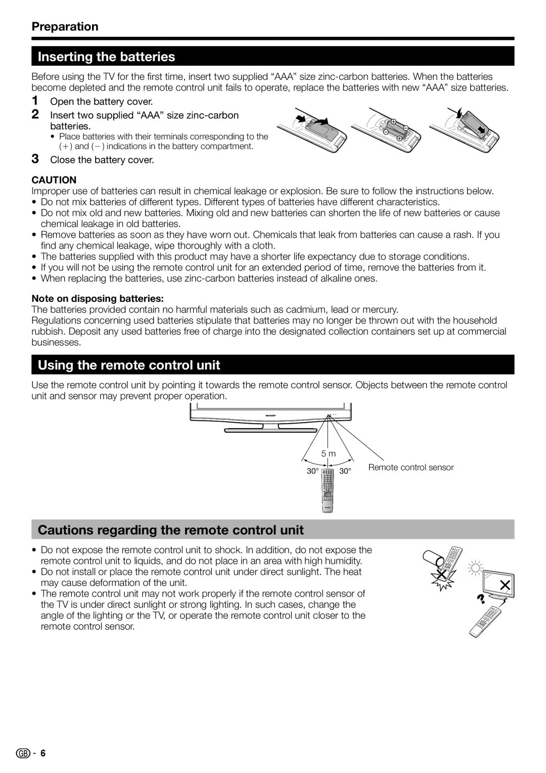 Sharp LC-52DH77E, LC-52DH77S, LC-42DH77S, LC-42DH77E Inserting the batteries, Using the remote control unit, Preparation 