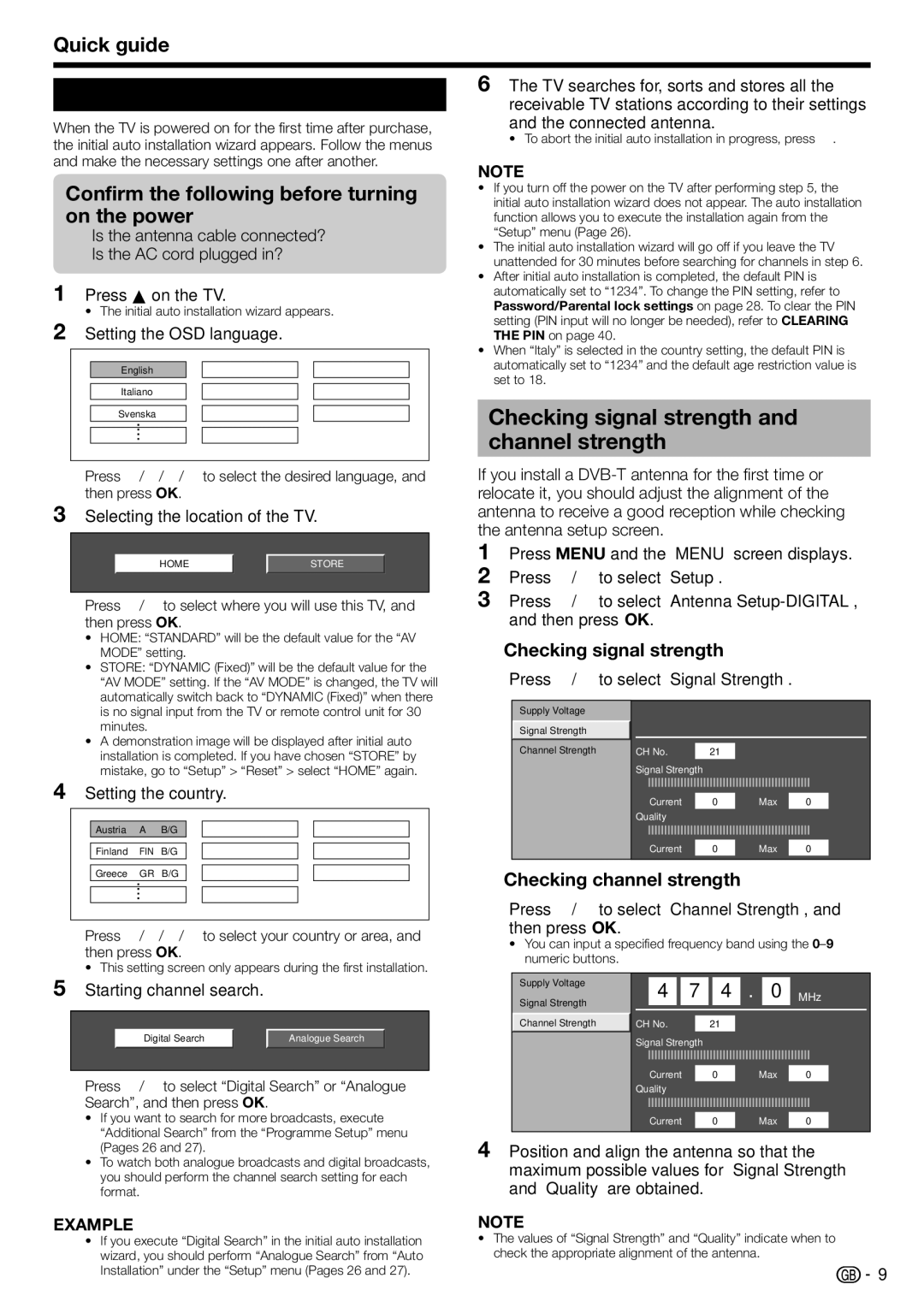 Sharp LC-42DH77E Initial auto installation, Checking signal strength and channel strength, Checking channel strength 