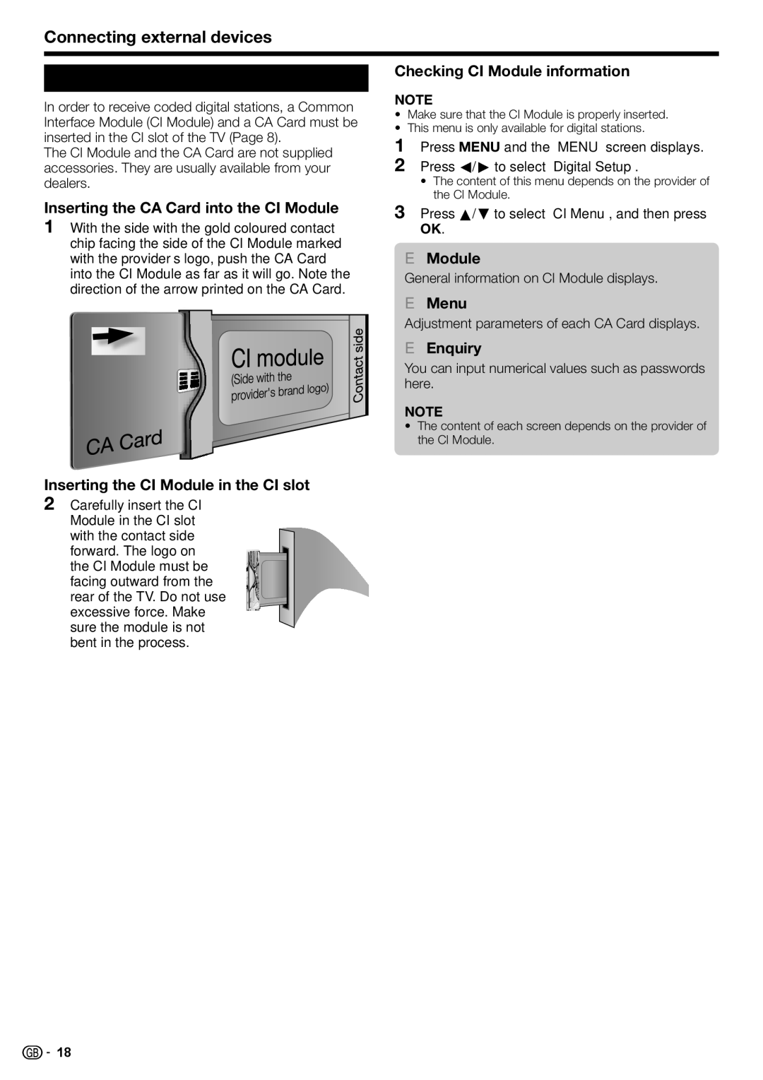 Sharp LC-46DH77E Inserting a CA Card, Inserting the CA Card into the CI Module, Inserting the CI Module in the CI slot 