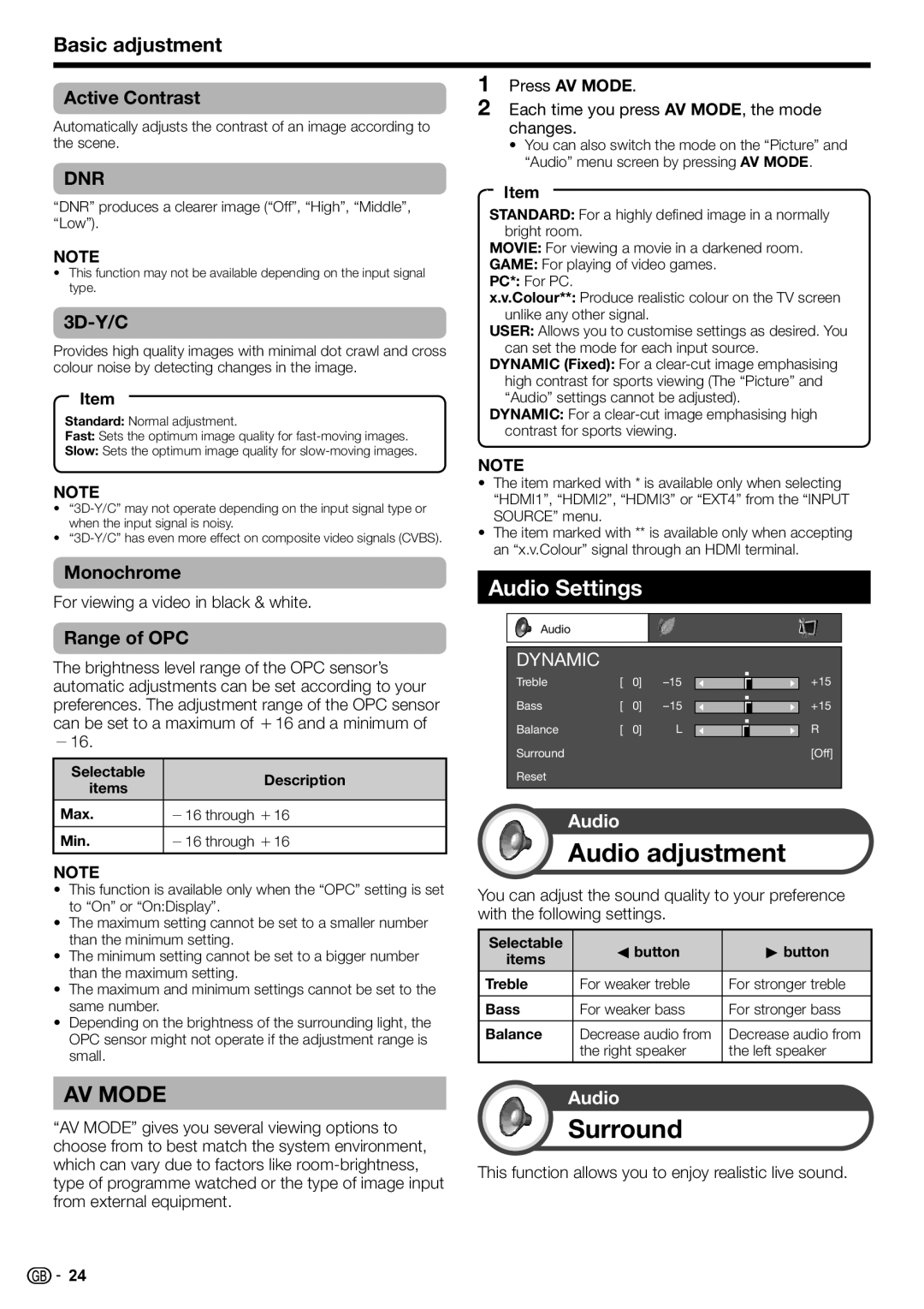 Sharp LC-42DH77V, LC-52DH77V, LC-52DH77E, LC-42DH77E, LC-46DH77E Audio adjustment, Surround, Audio Settings, Basic adjustment 