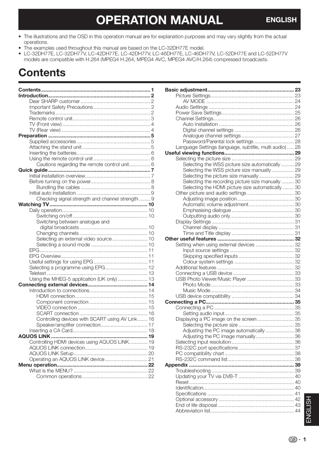 Sharp LC-42DH77E, LC-52DH77V, LC-52DH77E, LC-42DH77V, LC-46DH77E, LC-46DH77V, LC-32DH77E, LC-32DH77V operation manual Contents 