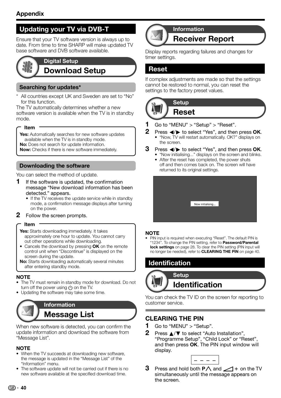 Sharp LC-42DH77V, LC-52DH77V, LC-52DH77E, LC-42DH77E Download Setup, Message List, Receiver Report, Reset, Identification 