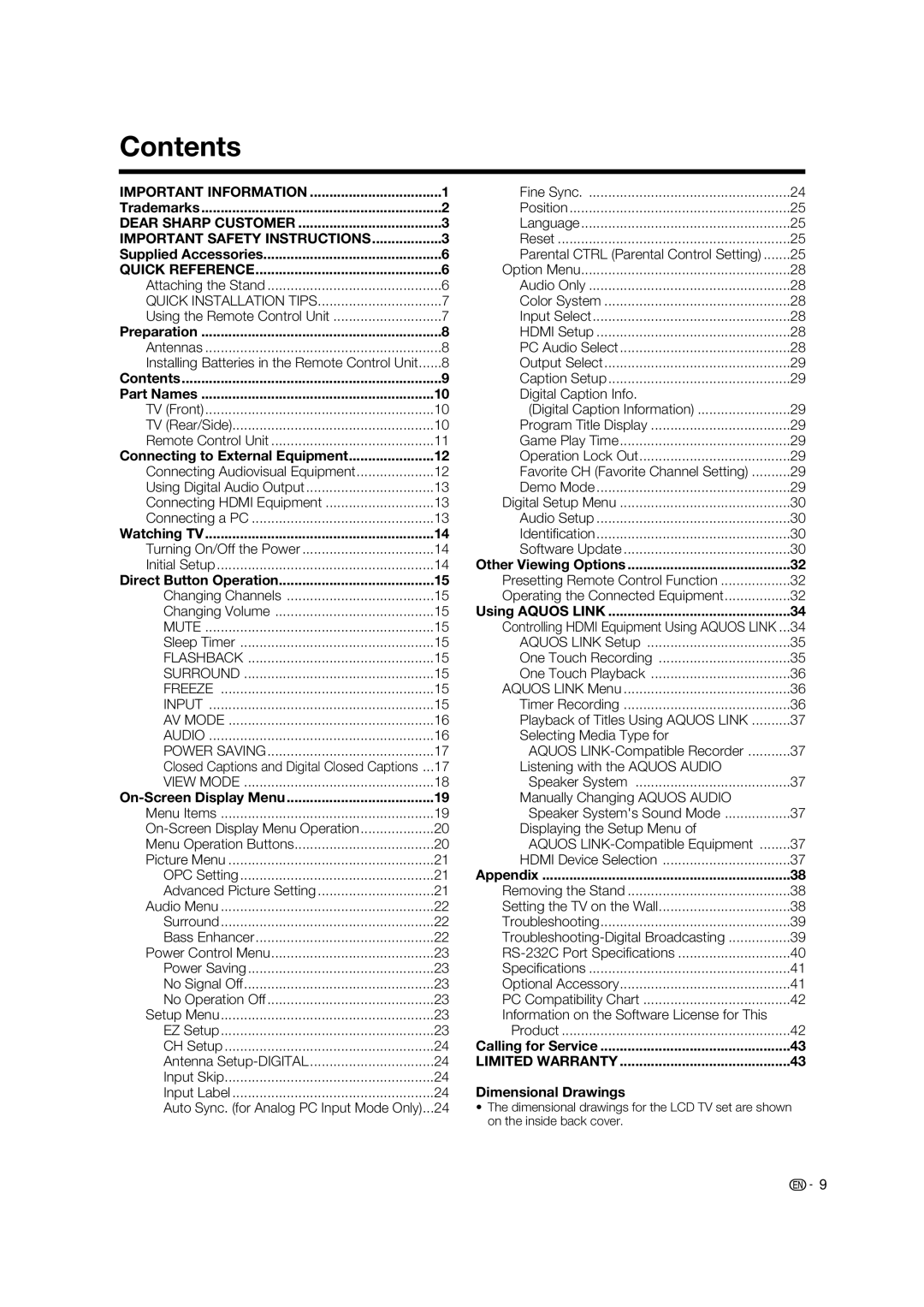 Sharp LC-46E77U, LC-52E77U operation manual Contents 