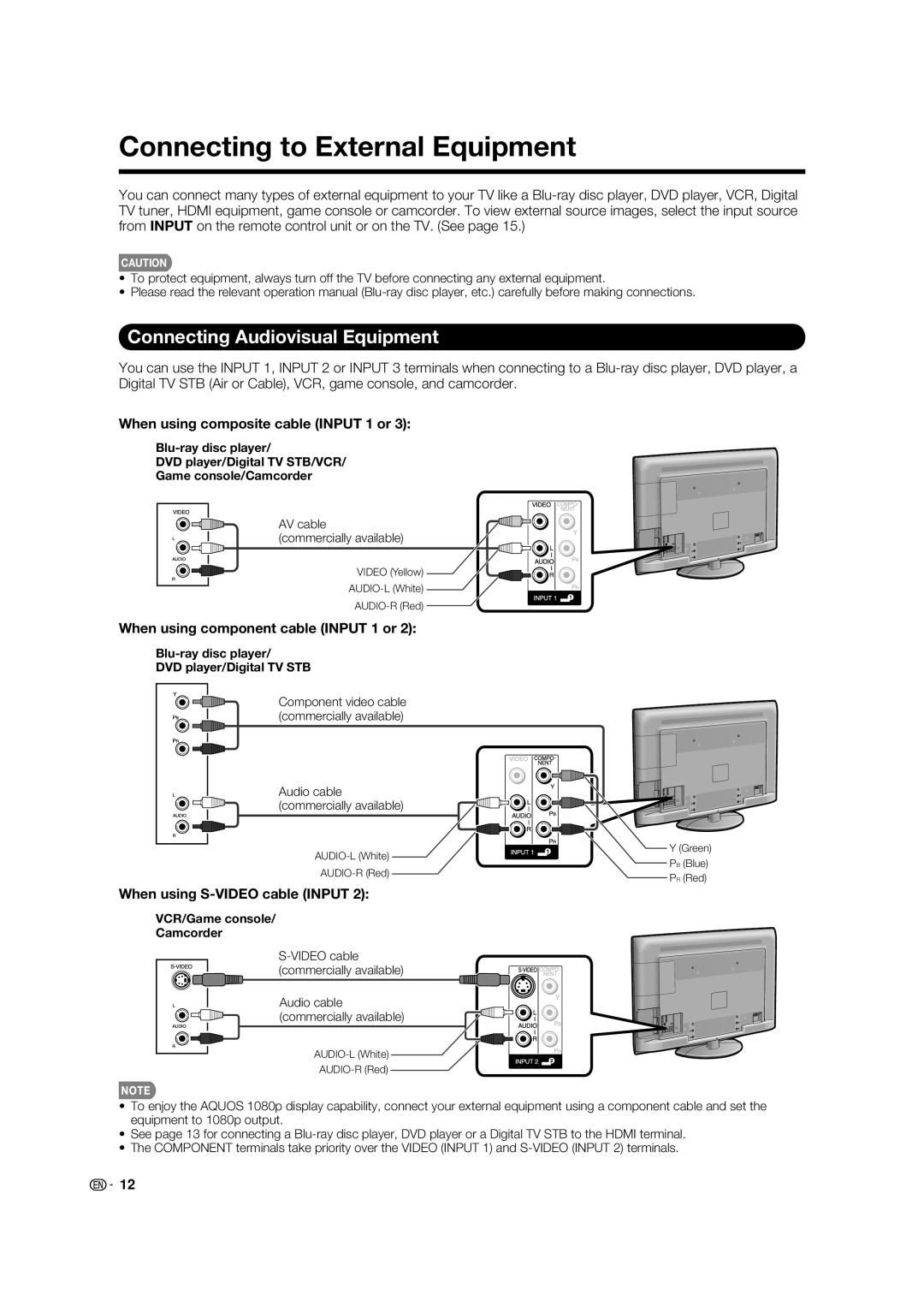 Sharp LC-52E77U Connecting to External Equipment, Connecting Audiovisual Equipment, When using composite cable Input 1 or 