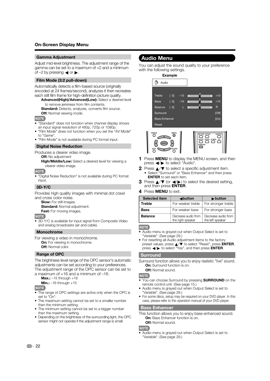 Sharp LC-52E77U, LC-46E77U operation manual Audio Menu, Surround, Bass Enhancer 